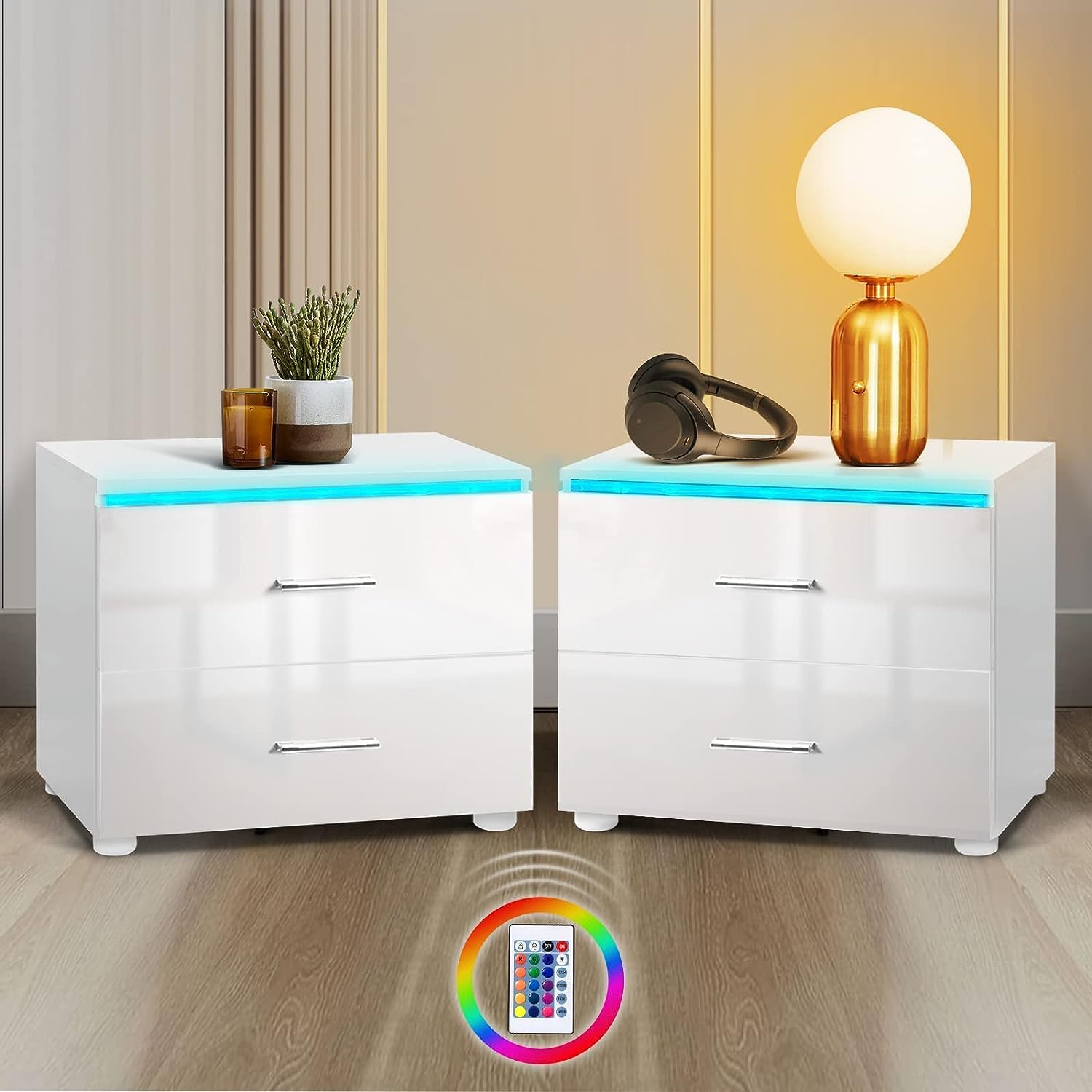 HOMMPA Small LED Nightstand Set of 2 White Nightstand Table with LED Light for Small