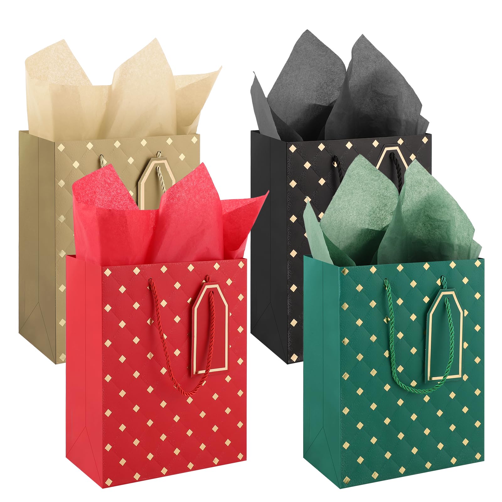 4 Gift Bags (9 x 7x 4 inch), Chirstmas Gift Bags for Presents with Tissue Paper for Women Men Kids Teachers Graduation Wedding Party
