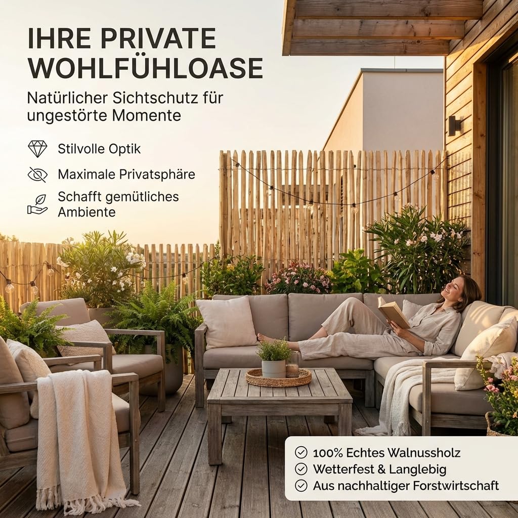 Clôture Ganivelle en Bois de Noisetier 120x500 cm - Distance entre lattes 3-5 cm - Clôture de Jardin Rustique, Brise-vue Naturel - Support pour Plantes Grimpantes