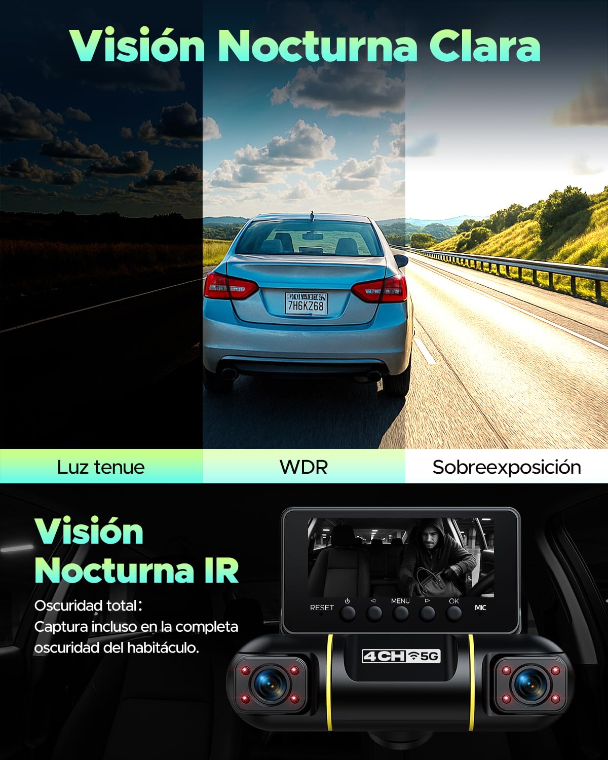 LAMTTO 360 Graden Dash Cam met 4 Kanaals en WiFi Dashcam Auto Voor Achter APP-bediening 4 Kanalen Ingebouwde Camera Auto Parkeerbewaking Nachtzicht IR Bekabelingsset voor SD 128GB inbegrepen
