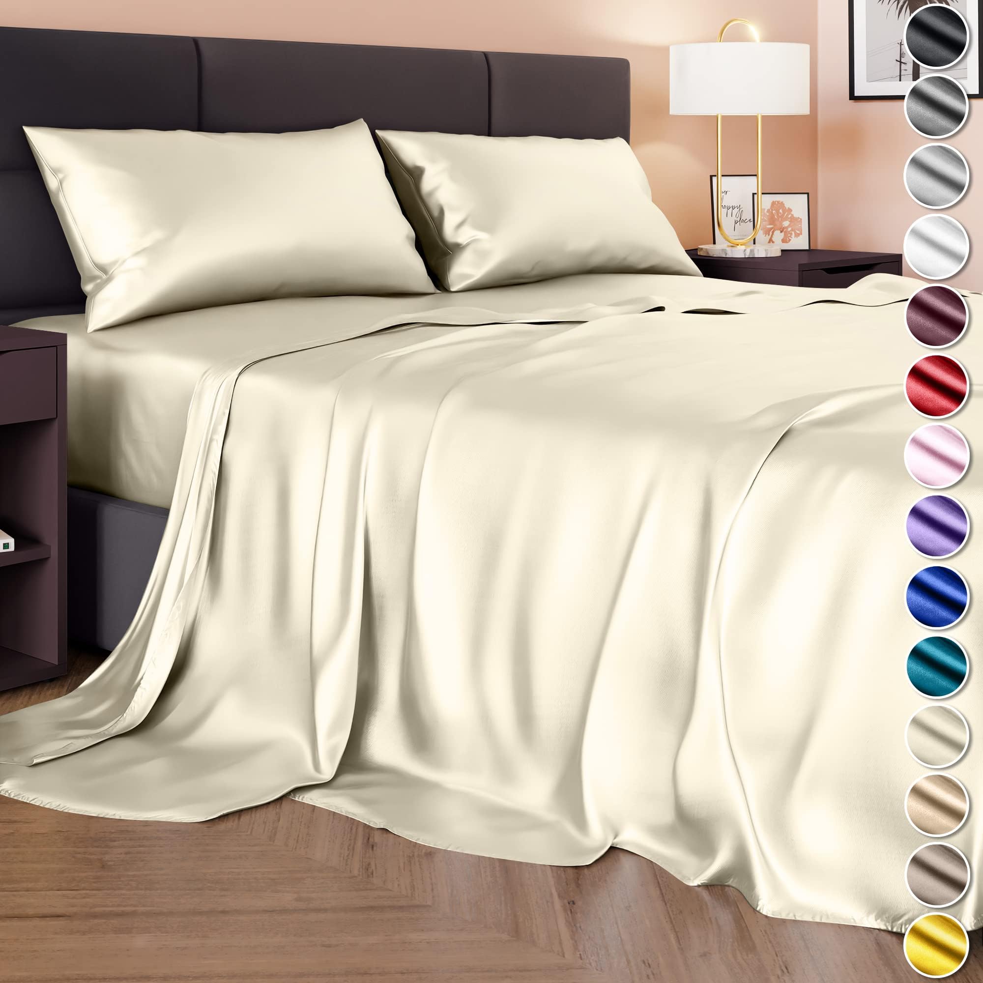 DECOLURE Satin Bed Sheets - 6 Piece Luxury Silky King Size Bedding Set - Softer Than Silk, Wrinkle-Free with 15” Deep Pocket Fitted Sheet, Perfect for Hair & Skin, Gifts for Women (Champagne)