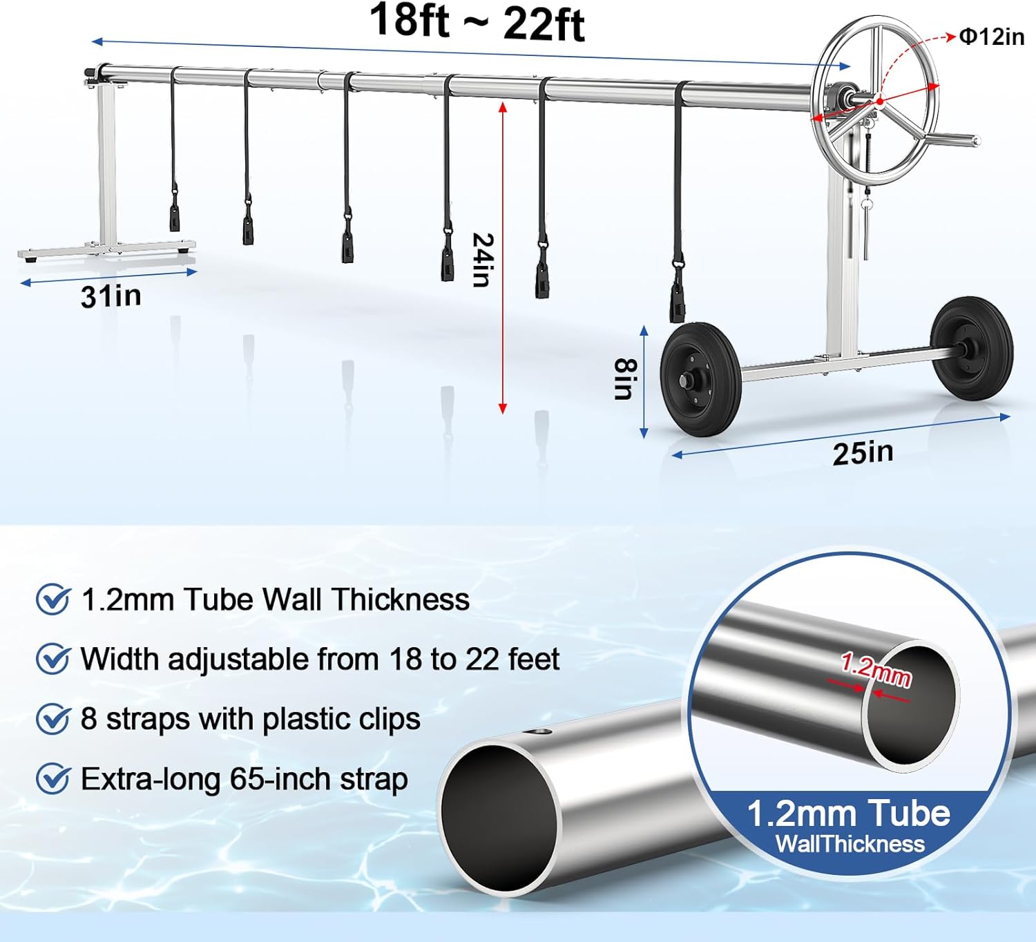 Abimars 22ft Pool Solar Cover Reel with Ball Bearings, 304 Stainless Steel Pool Solar Blanket Reel for Inground Pools, No Sagging, Heavy-Duty Pool Safety Covers Reels