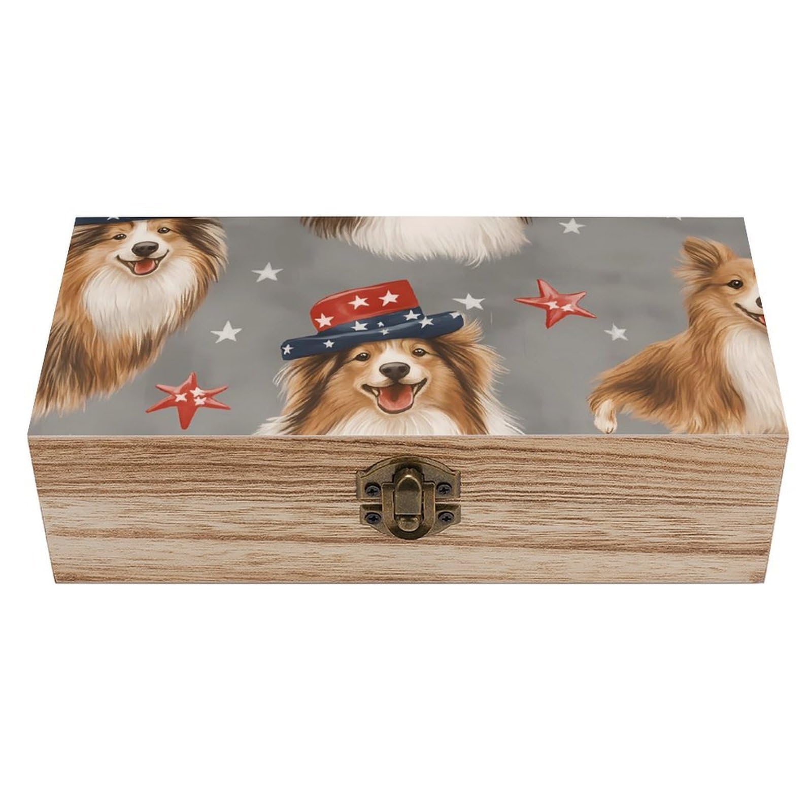 HLBSDM Happy Australian Shepherd & Star Retro Wooden Storage Box Jewelry Art Gift Boxs Decorative Keepsake Boxes