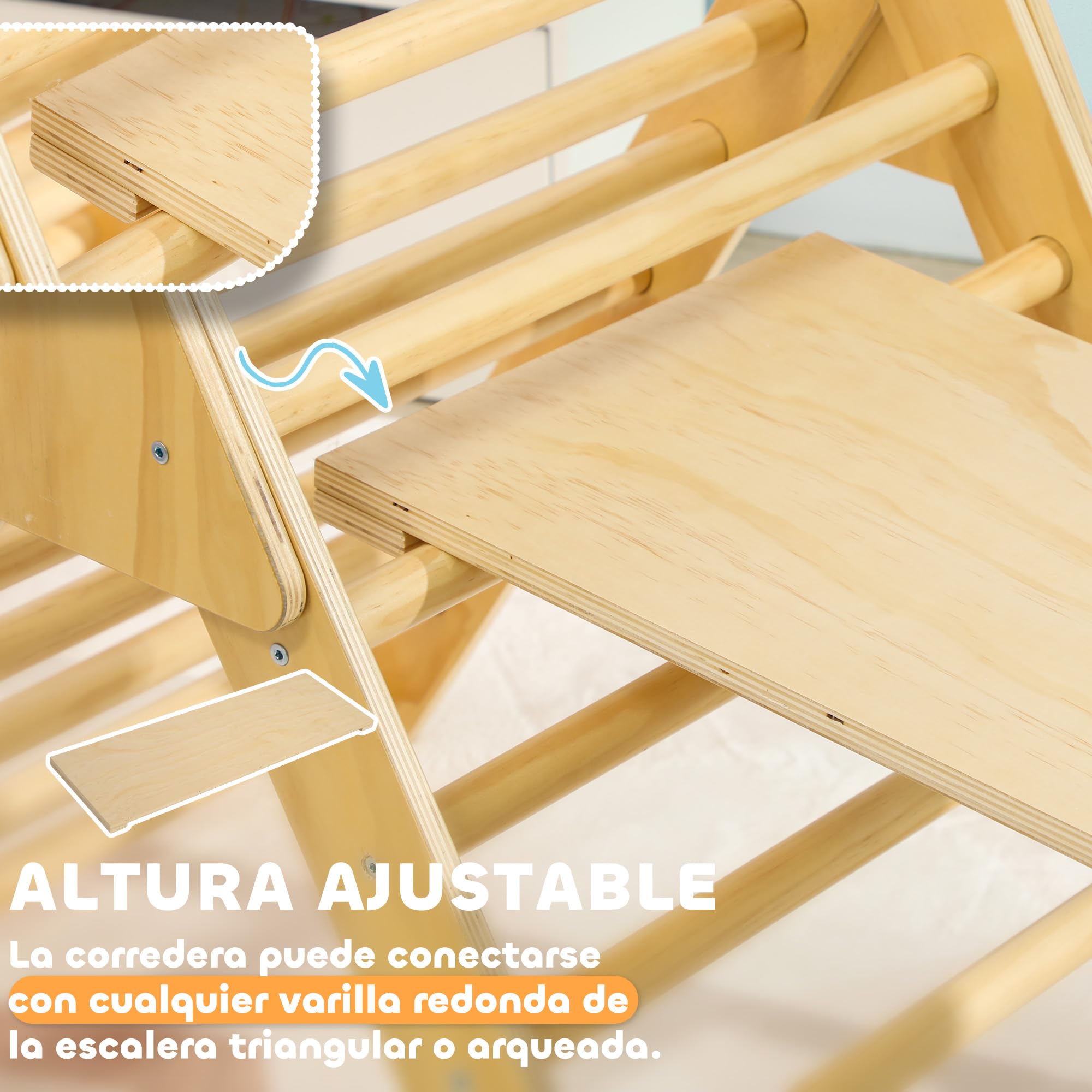 AIYAPLAY Triángulo de Escalada de Madera 4 en 1 Montessori Escalada para Niños de 18-48 Meses con Rampa Juego de Escalada de Arco para Deslizarse o Trepar 219x72,5 cm Natural