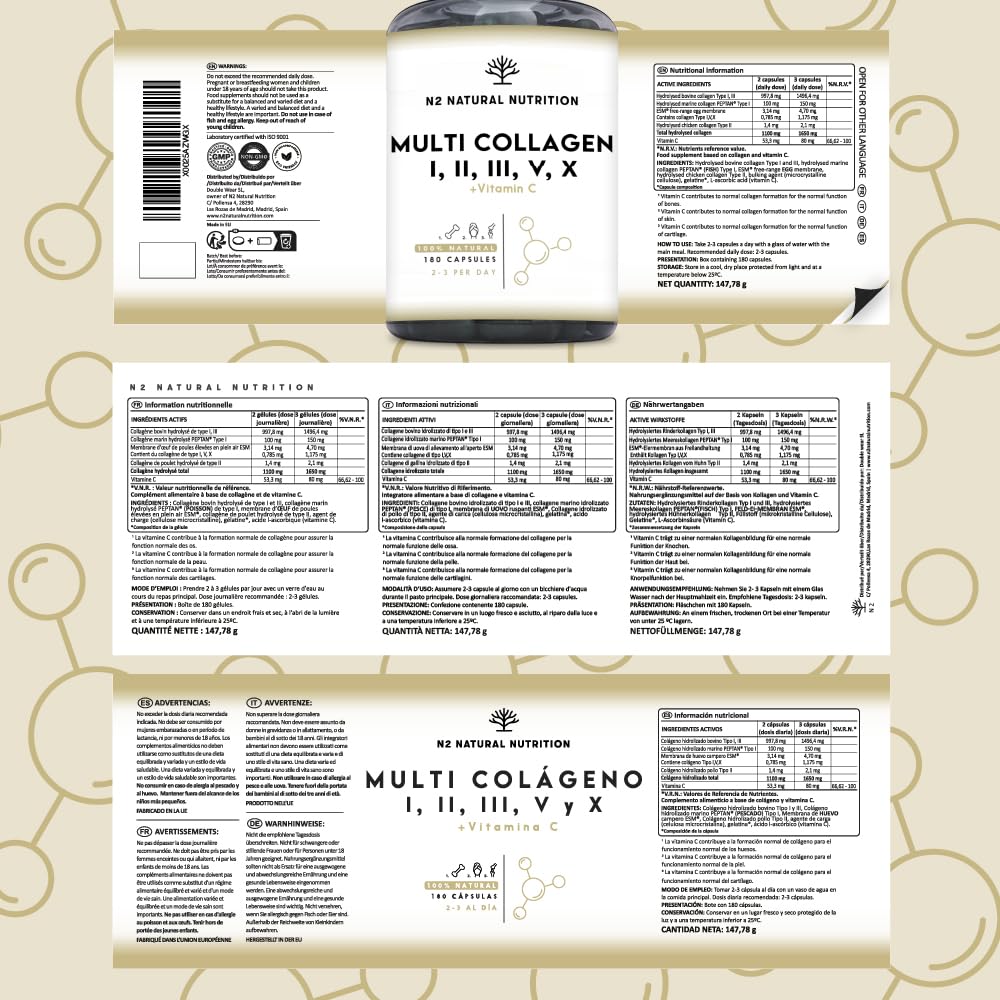 Multi Collagène Marin et Bovin 1650mg. 180 Gélules. Peptide de Collagene Hydrolysé Type 1, 2, 3, 5, 10. Complexe Collagene pour la Peau, Articulations et Cheveux + Vitamine C. N2 Natural Nutrition