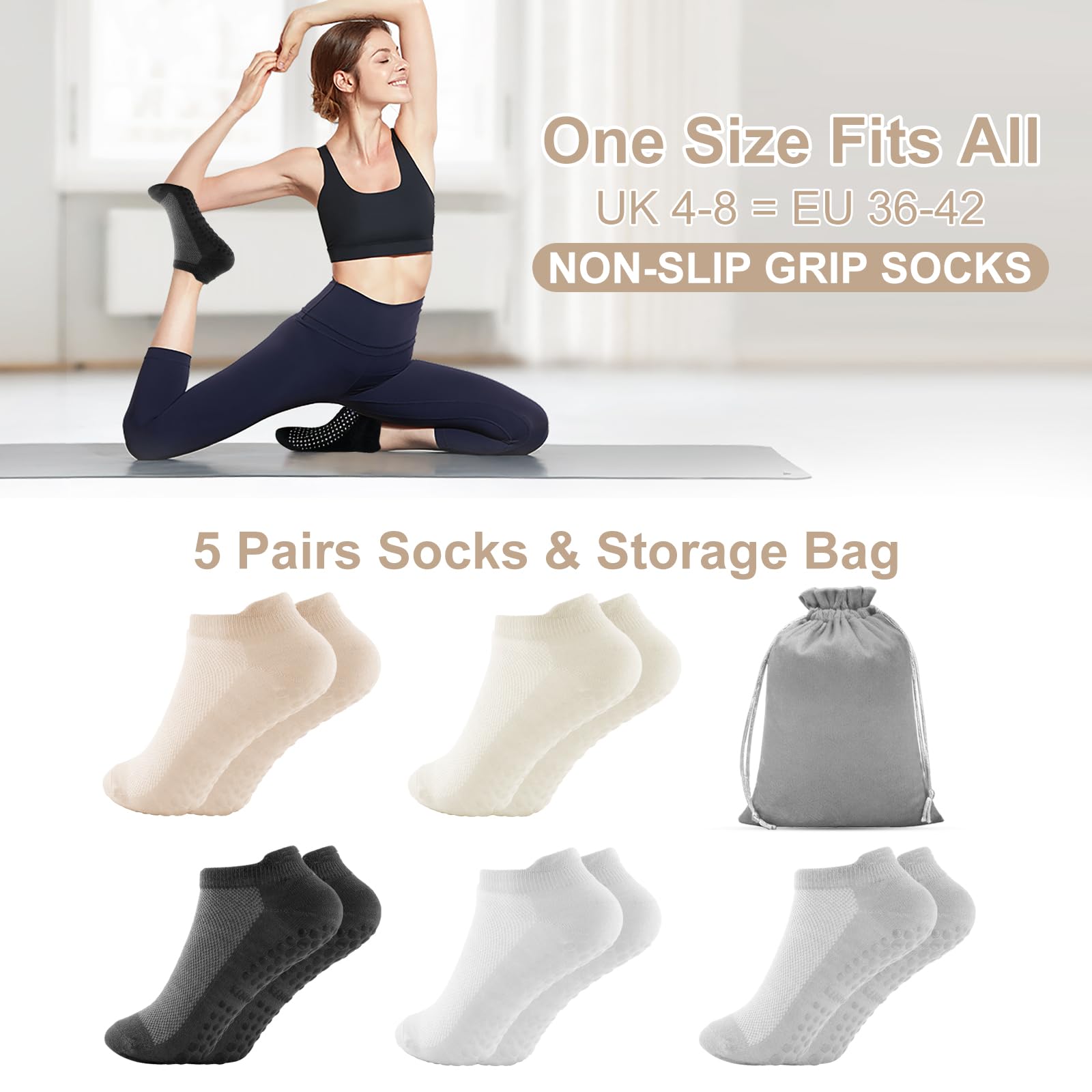 5 pares de calcetines de yoga antideslizantes para mujer, de algodón, para pilates, yoga, ballet, baile, gimnasio, con puntos de agarre de silicona
