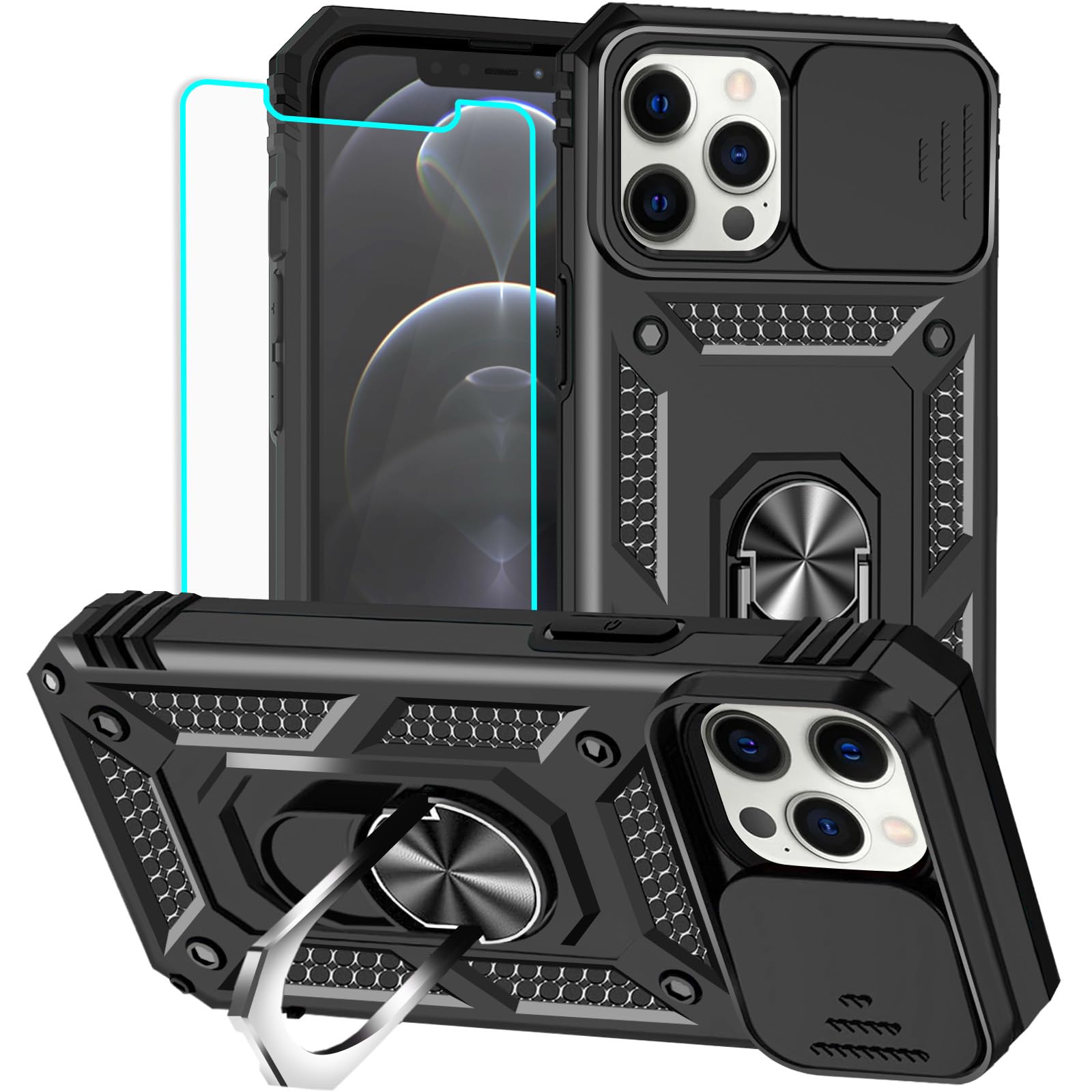 HNHYGETE for iPhone 12 Pro Max Case with Screen Protector: [Military Grade 20ft. Drop Tested] Slide Camera Cover Ring Shockproof Protective Phone Case for - iPhone 12 Pro Max (Black)