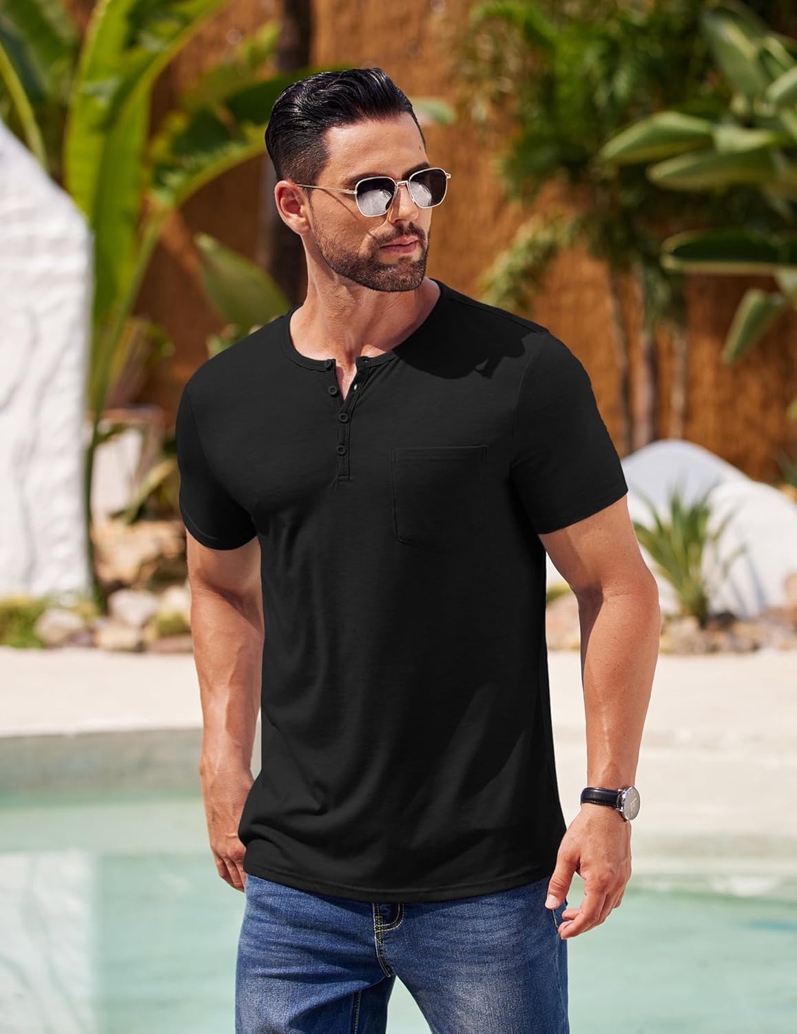 COOFANDY Mens Henley Shirts Short Sleeve Casual T Shirt Plain Slim Fit Henley Stylish Summer Tee Shirts with Pocket - Image 4