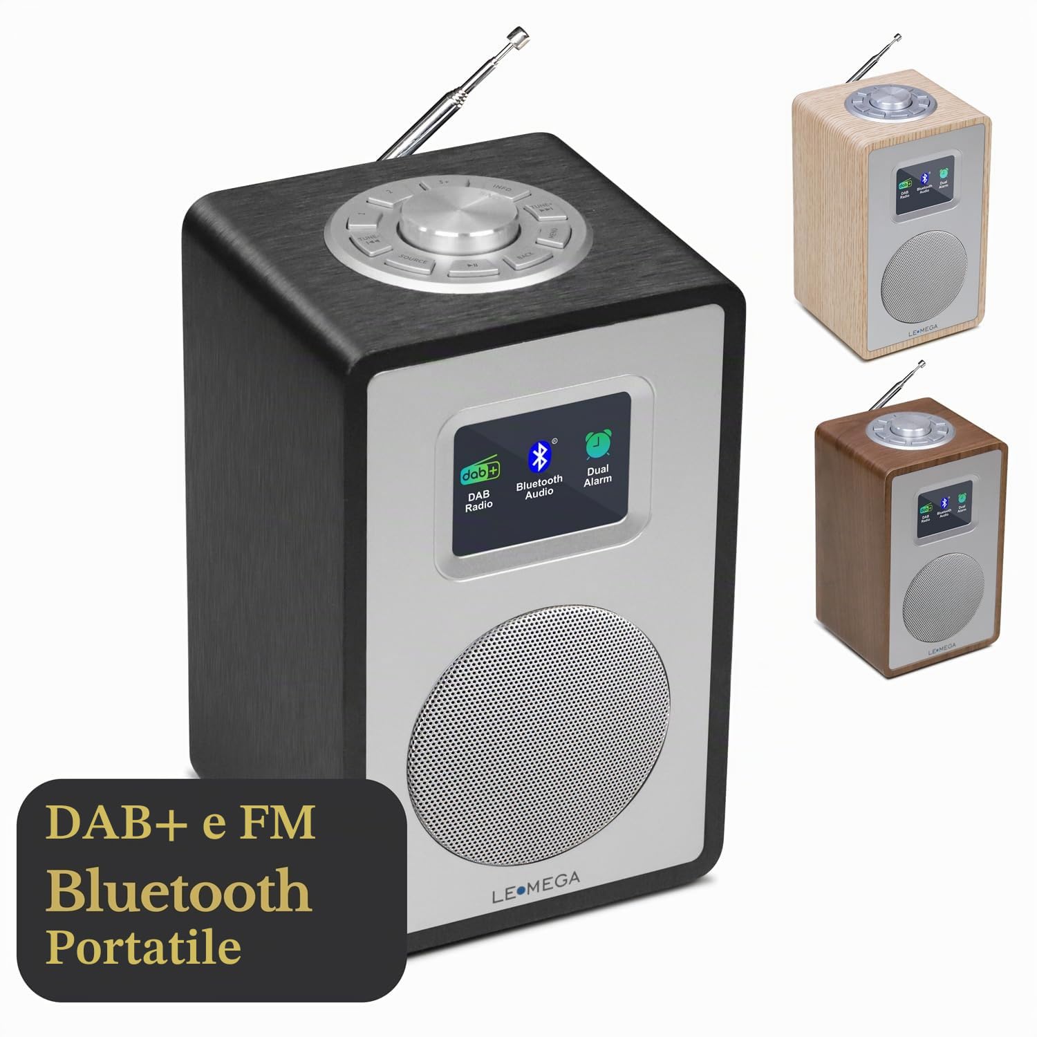 LEMEGA CR4+ Radio Digitale DAB/DAB+，Radio Altoparlante Bluetooth Portatile, Radio DAB Portatile, Radio FM da Cucina e da Letto, Mobiletto in Legno, Alimentazione a Rete e Batterie - Quercia nera