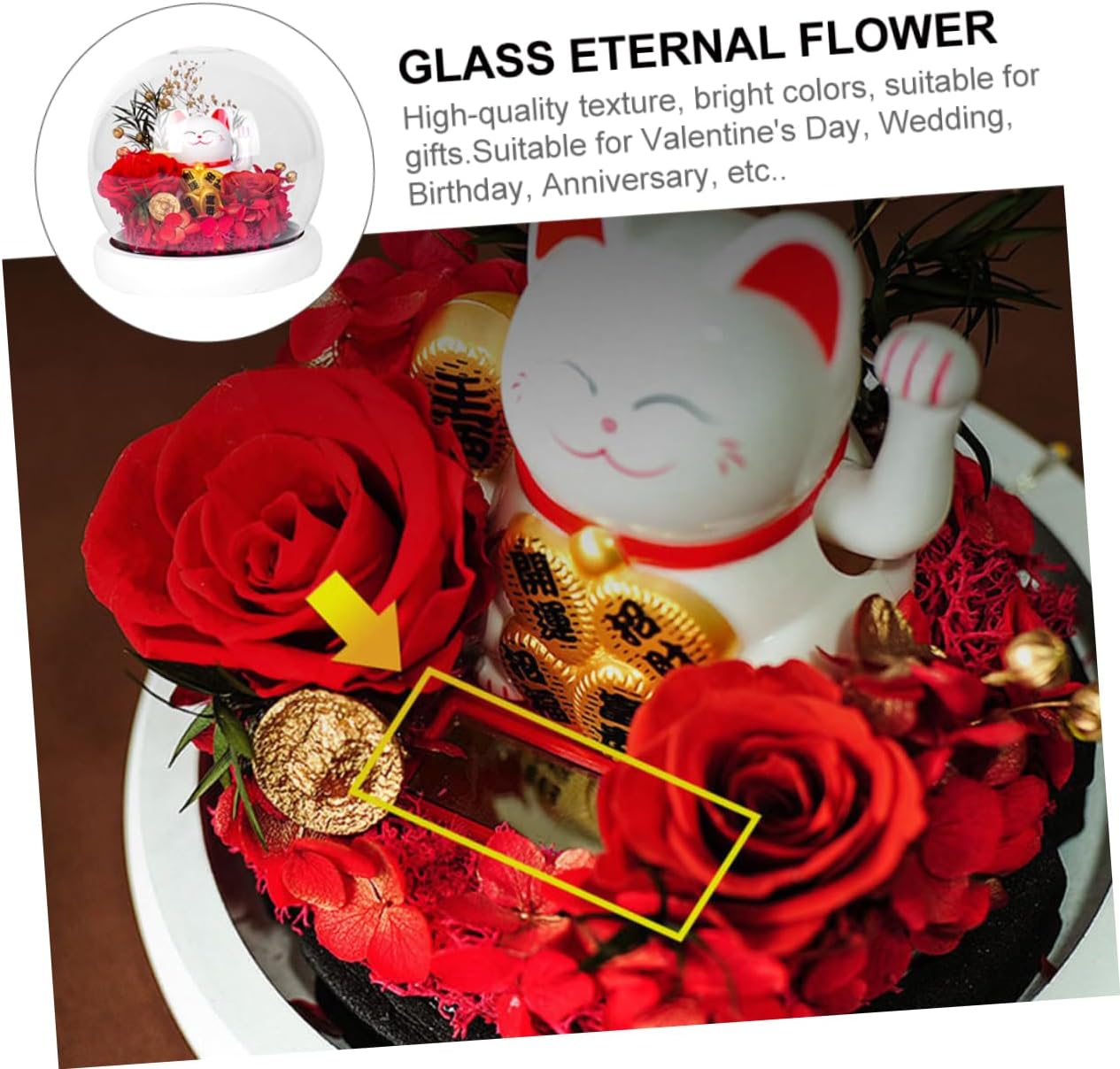 PRETYZOOM 1pc Glass Dome Eternal Flower Cat Adornment Box Romantic Preserved Rose Bouquet for Christmas Valentine Day Birthday Anniversary Decor