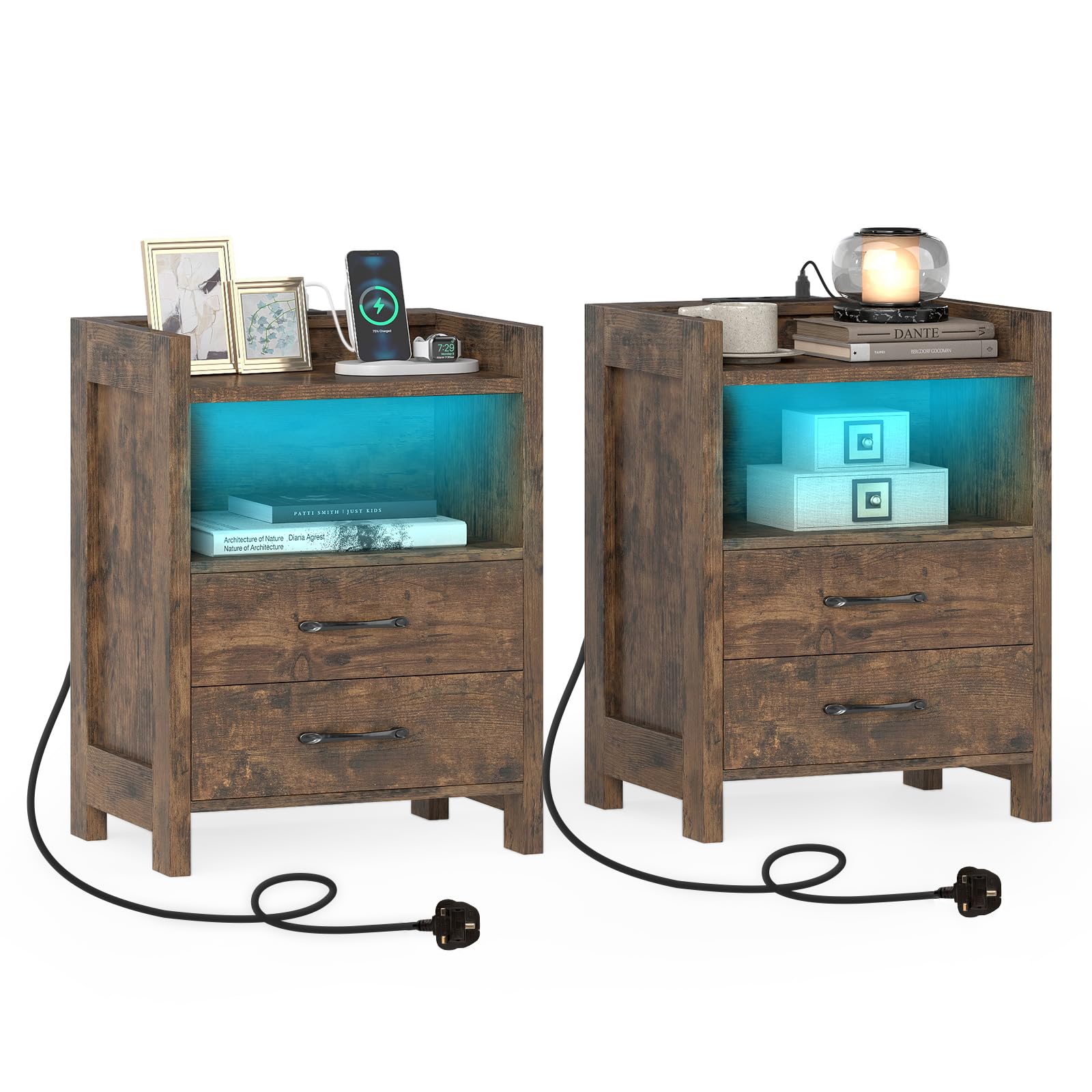 COSTWAY LED Bedside Table with Charging Station, Smart Nightstand End Sofa Side Table with RGB Light Colors, 2 Drawers & Storage Shelf, Bedside Cabinet Chest for Living Room Bedroom (2, Rustic Brown)