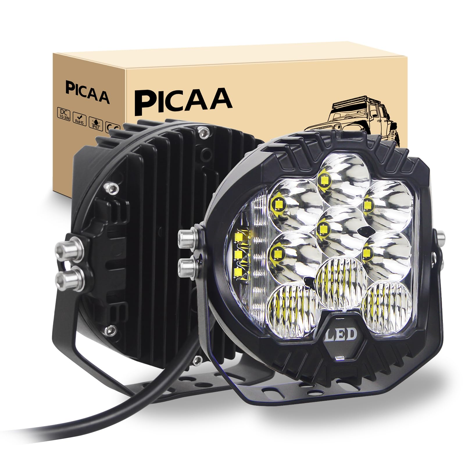 PICAA Foco de trabajo LED 2PCS 7 pulgadas 75W LED Spot Tractor 12V-24V 6000K Blanco Focos LED para Tractores IP68 Impermeable Luz de Niebla Coche,SUV, UTV, ATV, Off-road,Camión,Moto,Barco