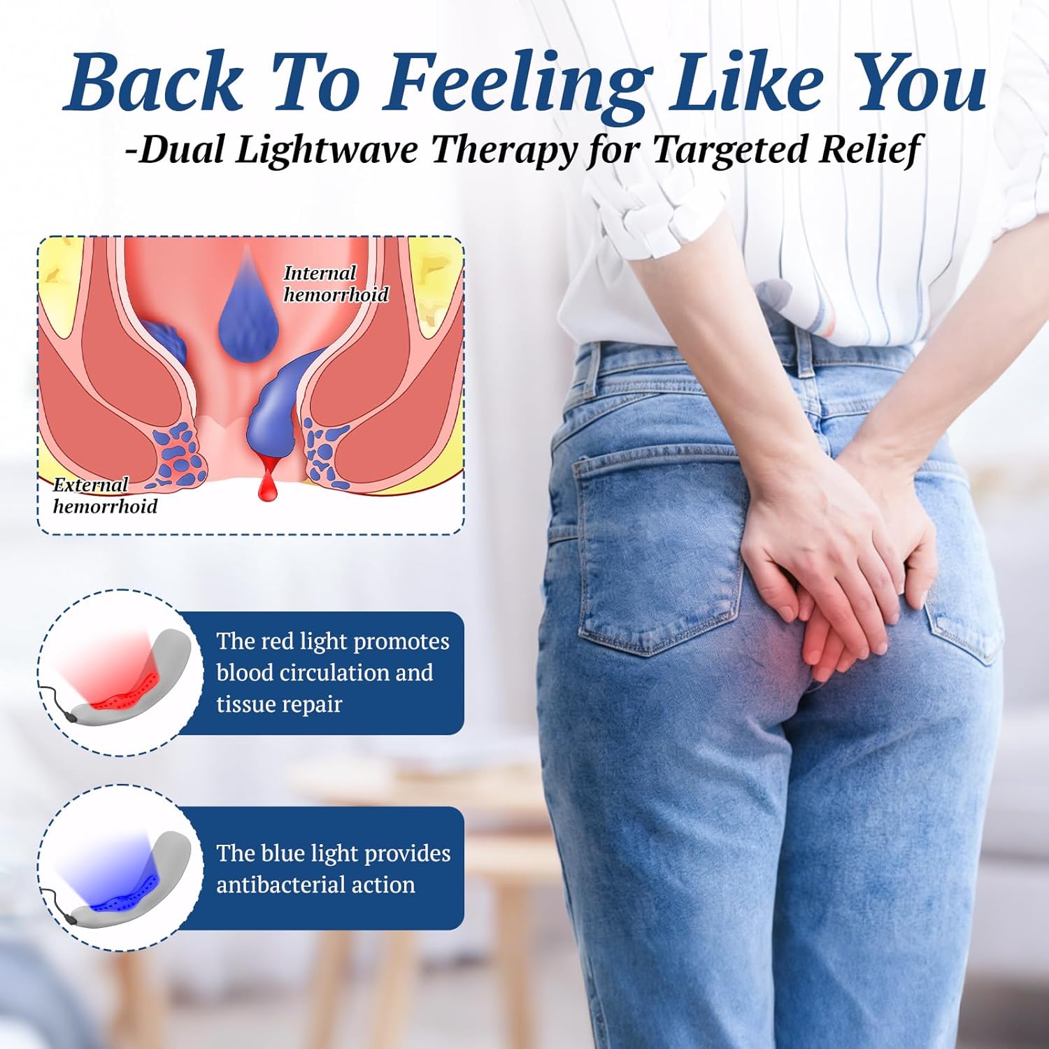 Portable Hemorrhoids Treatment Device, Reusable Red Blue Light Therapy for Hemorrhoids, Swelling, Postpartum for Long Sitting Hours on Office & Home Chair, Car, Smart App Control