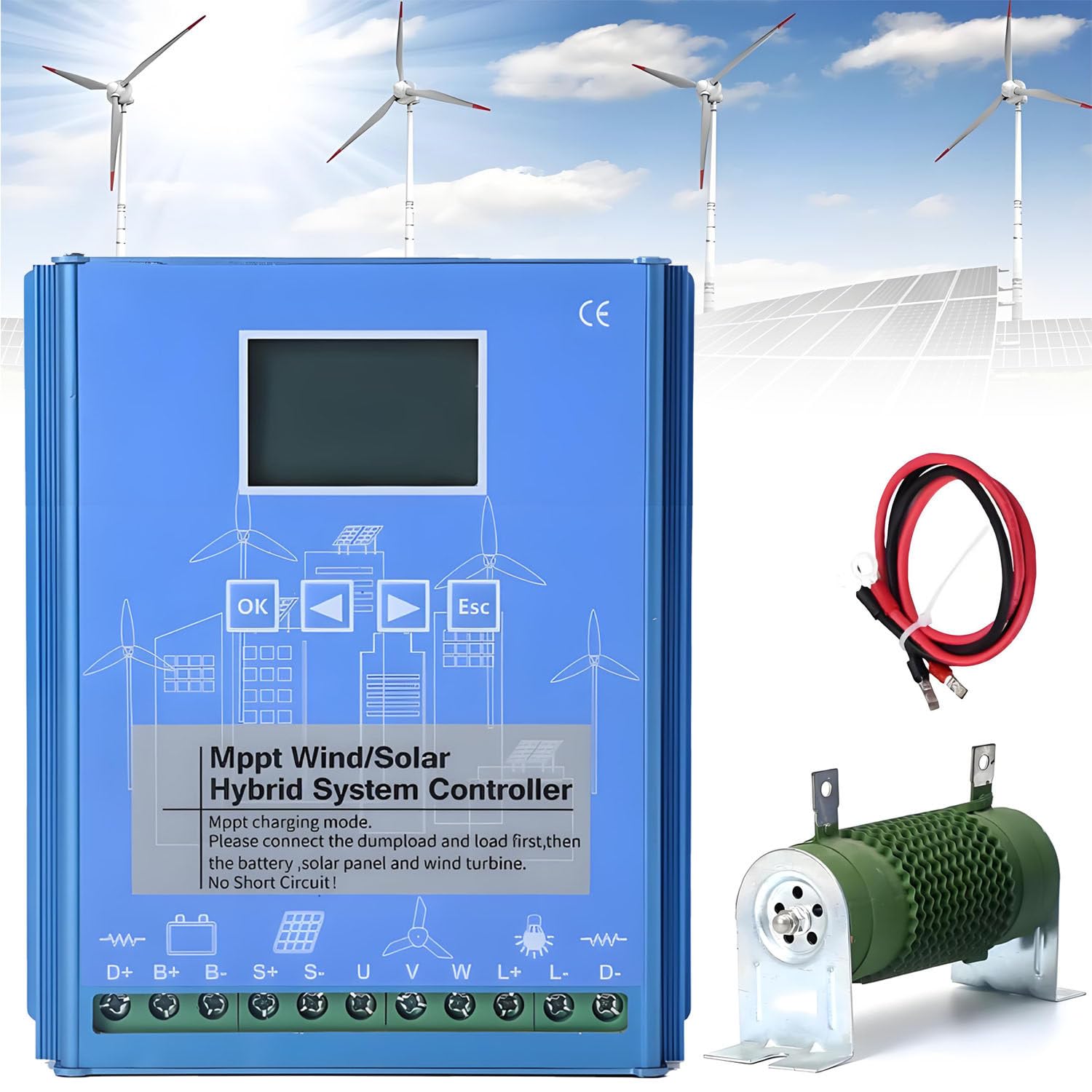 Regolatore di Carica Solare ed Eolico da 16000 W con Display LCD, generatore a turbina Ibrido, carico di Scarico per casa, Barca, lampione - Soluzione per energia rinnovabile a 24 V