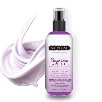 Morfose Supreme Hair Milk Leave-In Spray with Vegan Collagen, Herbal Keratin & Biotin, Detangler Spray and Heat Protectant for Dry Damaged Hair, No Rinse Formula, 10.14 Fl Oz