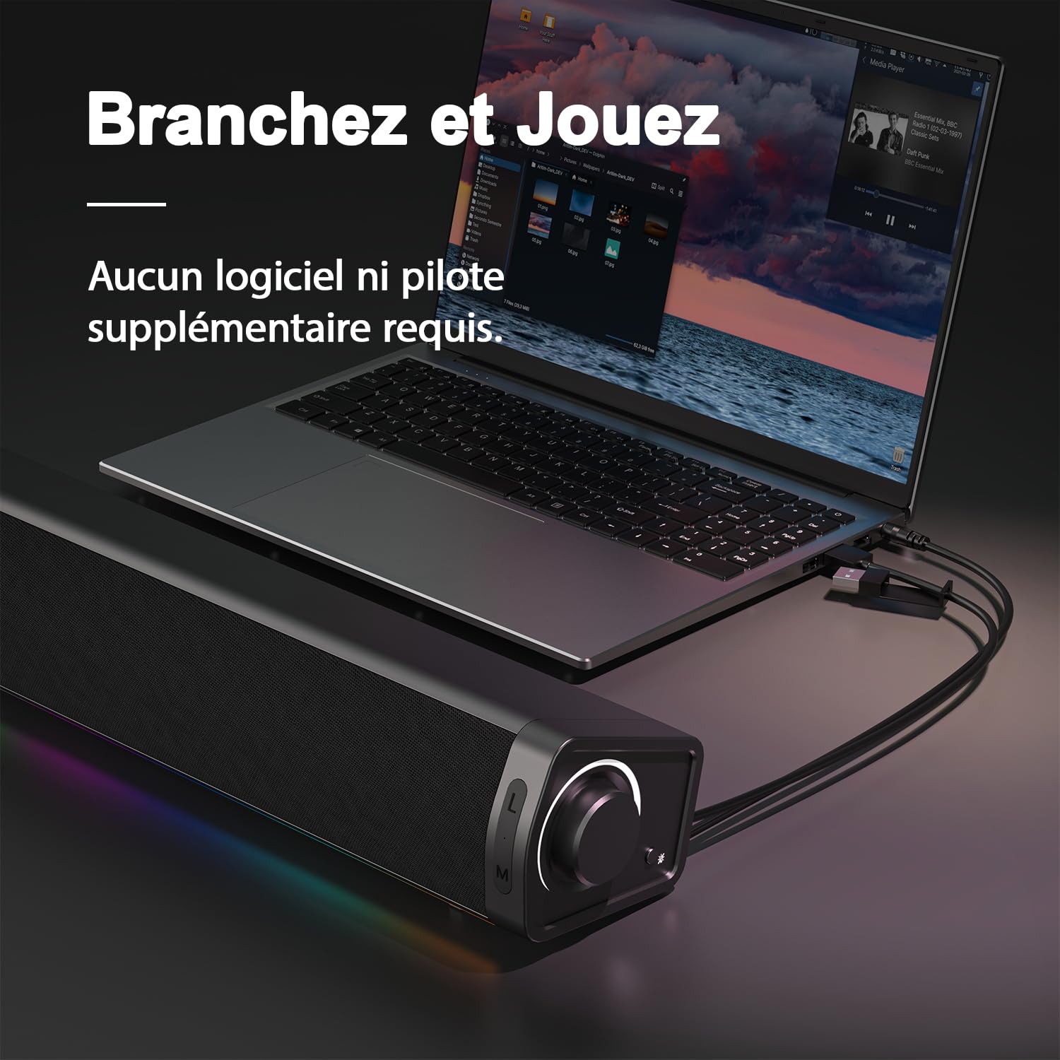 ZETIY Enceinte PC RGB, Barre de Son USB pour Ordinateur, Haut-Parleur Gaming Filaire avec Prise Jack 3.5mm, Son Stéréo pour PC de Bureau, Laptop, Tablette et Smartphone