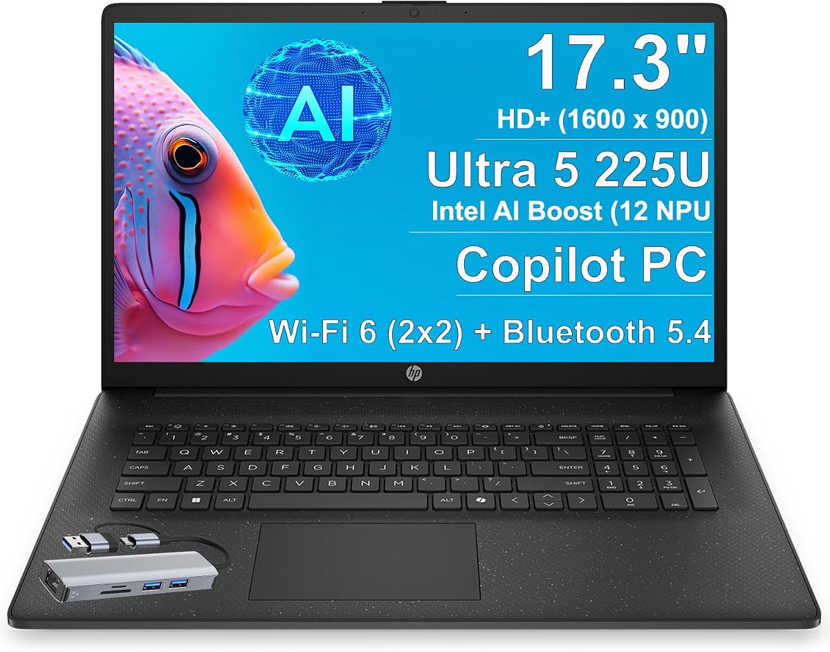 17.3" Copliot AI Laptop for Home and Business, Intel Core Ultra 5, 16GB DDR5 RAM, 512GB PCIE SSD, Wi-Fi 6, Long Battery, Fast Charging, Windows 11, with 5 in 1 hub