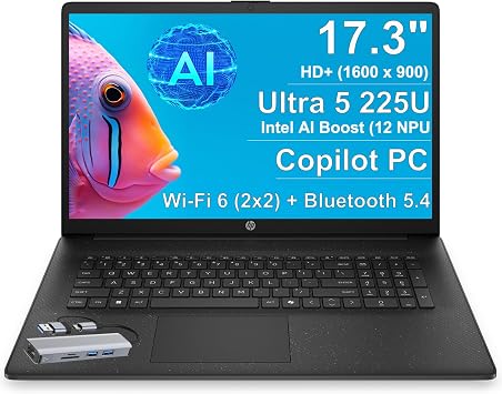 HP 17.3" Copliot AI Laptop for Home and Business, Intel Core Ultra 5, 16GB DDR5 RAM, 512GB PCIE SSD, Wi-Fi 6, Long Battery, Fast Charging, Windows 11, with 5 in 1 hub