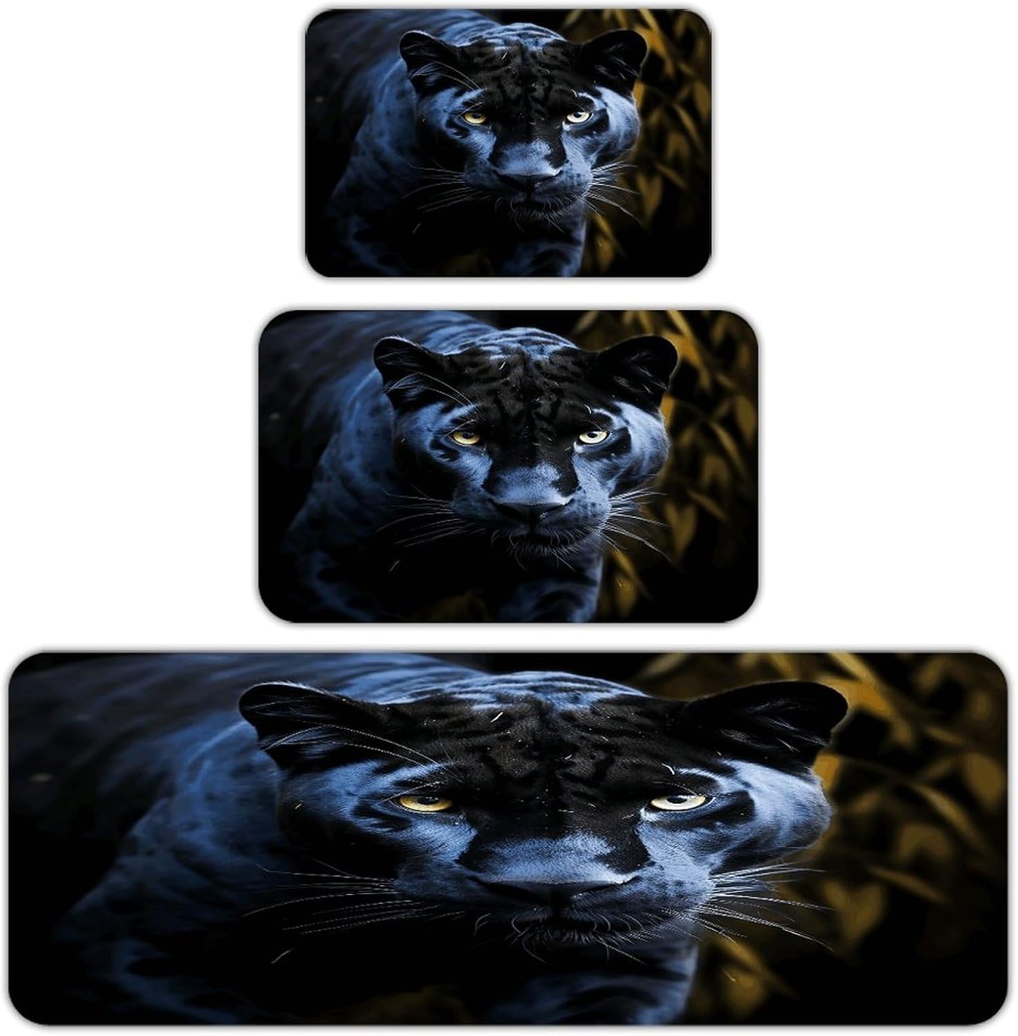 Panther with Blue Eyes Kitchen Rugs Sets of 3 Non Slip Kitchen Mats for Floor Farmhouse Kitchen Sink Mat Thick Comfort Standing Mat for Laundry Room Hallway Bathroom