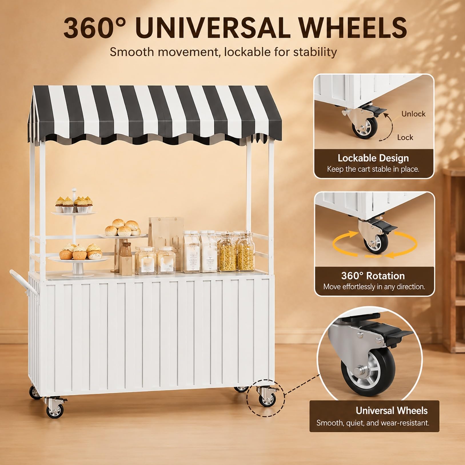 Carro de Venta Ambulante con toldo a Rayas, Expositor de Alimentos portátil con Ruedas con Freno, Carro Comercial para mercados y Eventos(Blauw,100cm/39.3in)