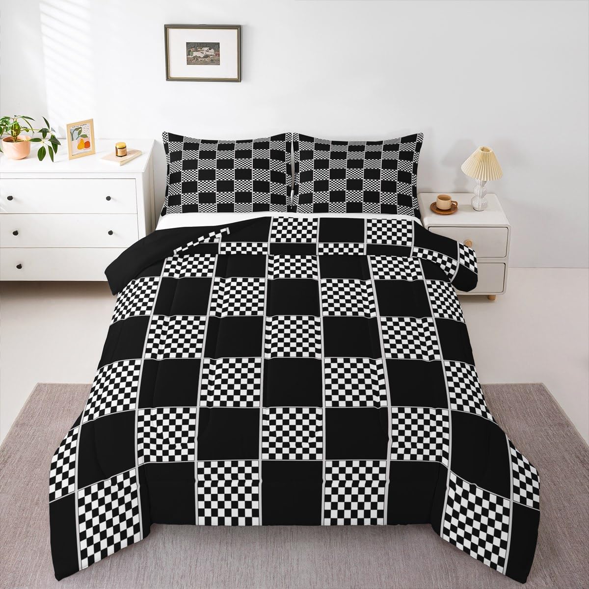 Erosebridal Geometric Checkered Comforter Set Queen Black White Buffalo Plaid Bedding Set Checkerboard Gingham Bed Comforter Sets for Kids Boys Teen,Modern Fashion Grids Quilt Duvet 3 Pcs