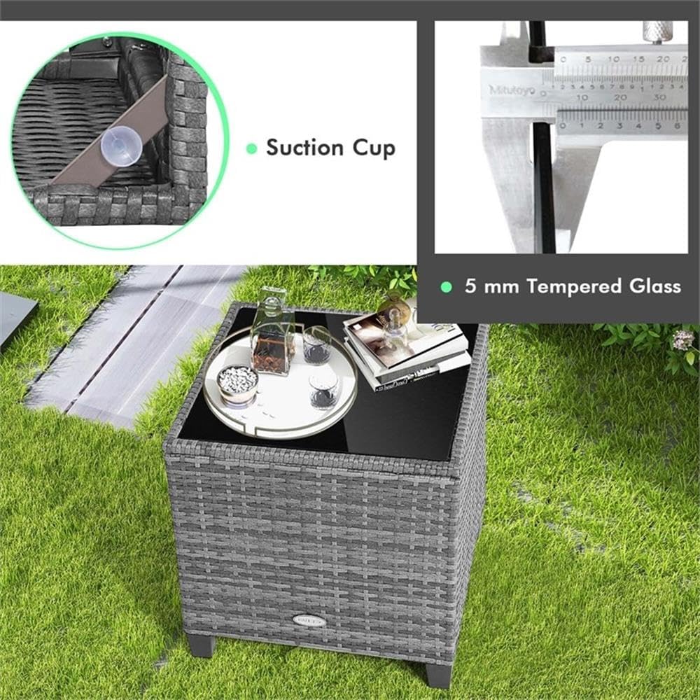 Pemberly Row 3-Piece Patio Furniture Bistro Set, Mix Gray PE Wicker and Metal Frame, Turquoise Cushions, Tempered Glass Side Table, Outdoor Armchairs for Patio, Porch, Poolside, and Garden Use