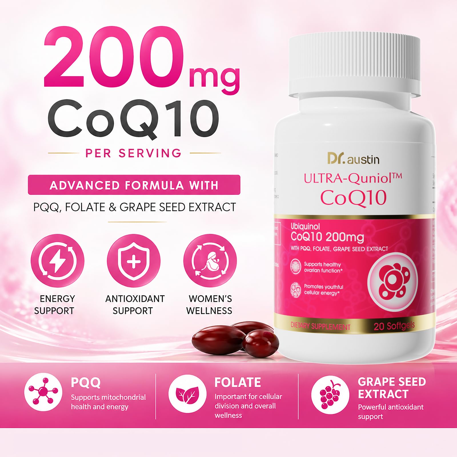 Dr. Austin CoQ10 200mg Ubiquinol Softgels with PQQ, Grape Seed Extract & Folate, High Absorption Q10 Supplement for Heart, Energy & Cellular Wellness — Amazon image 3