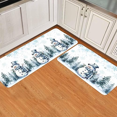 Juego de 2 tapetes de cocina de Navidad con diseño de muñeco de nieve azul, antideslizantes, para entrada, árbol de Navidad, copo de nieve,