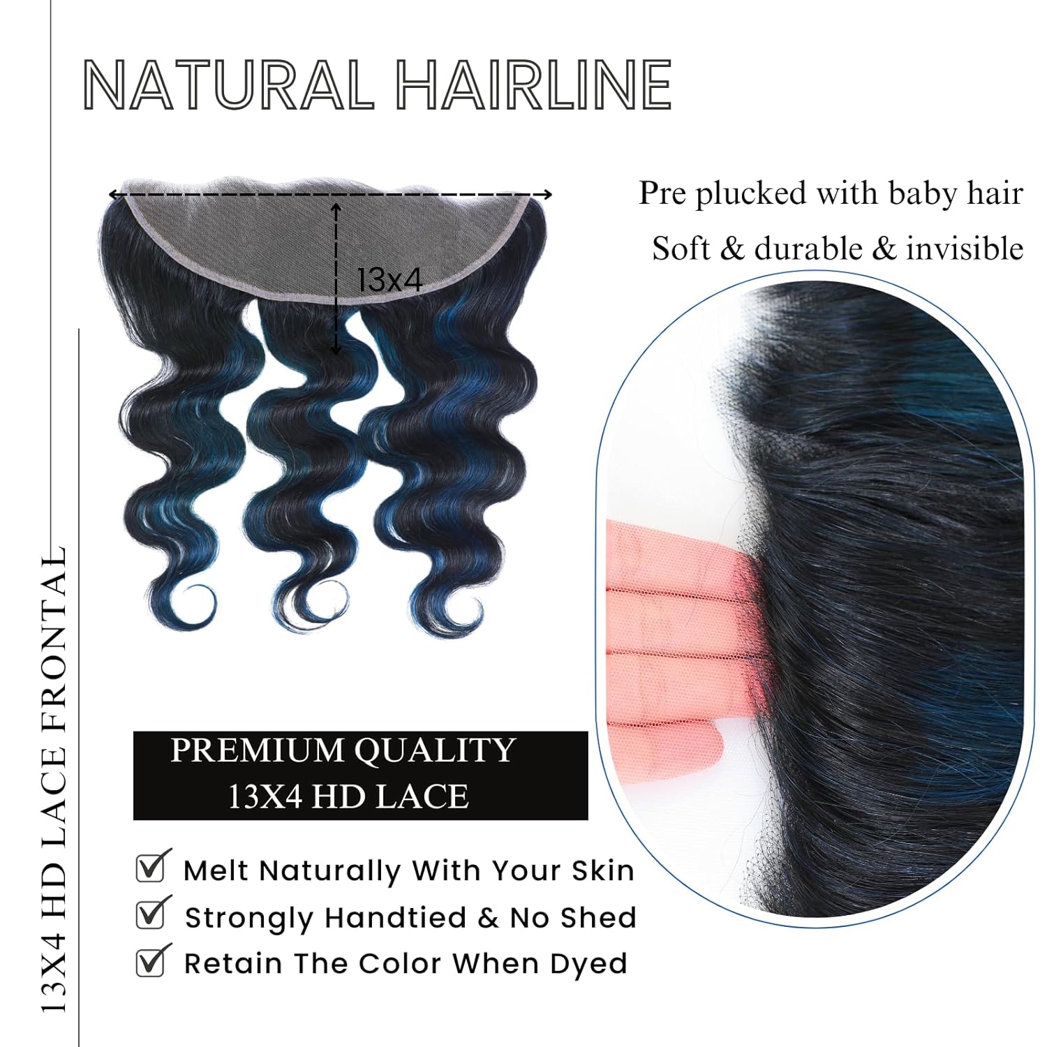 ALHER #1B/Blue Body Wave 13x4 Lace Frontal Human Hair, Black Mix Blue Highlight HD Transparent Lace Frontal Closure Ear to Ear 100% Virgin Remy Human Hair for Black Women 150% Density 12 Inch