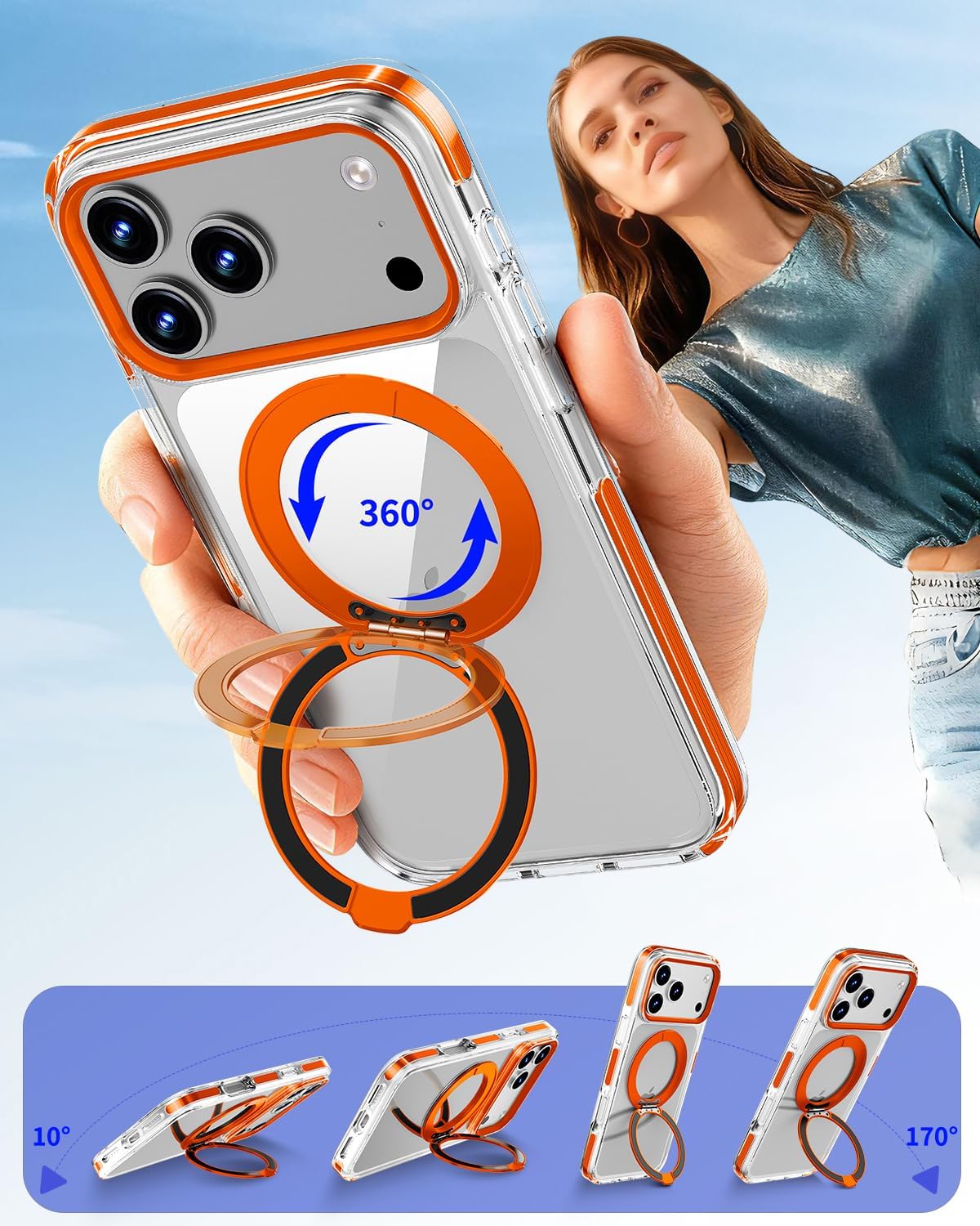 Magnetic for iPhone 17 Pro Case with 360° Spin Stand, Compatible with MagSafe, Military-Grade Protection, Detachable Strip, Anti-Yellowing Clear Phone Case for iPhone 17 Pro 6.3" Orange