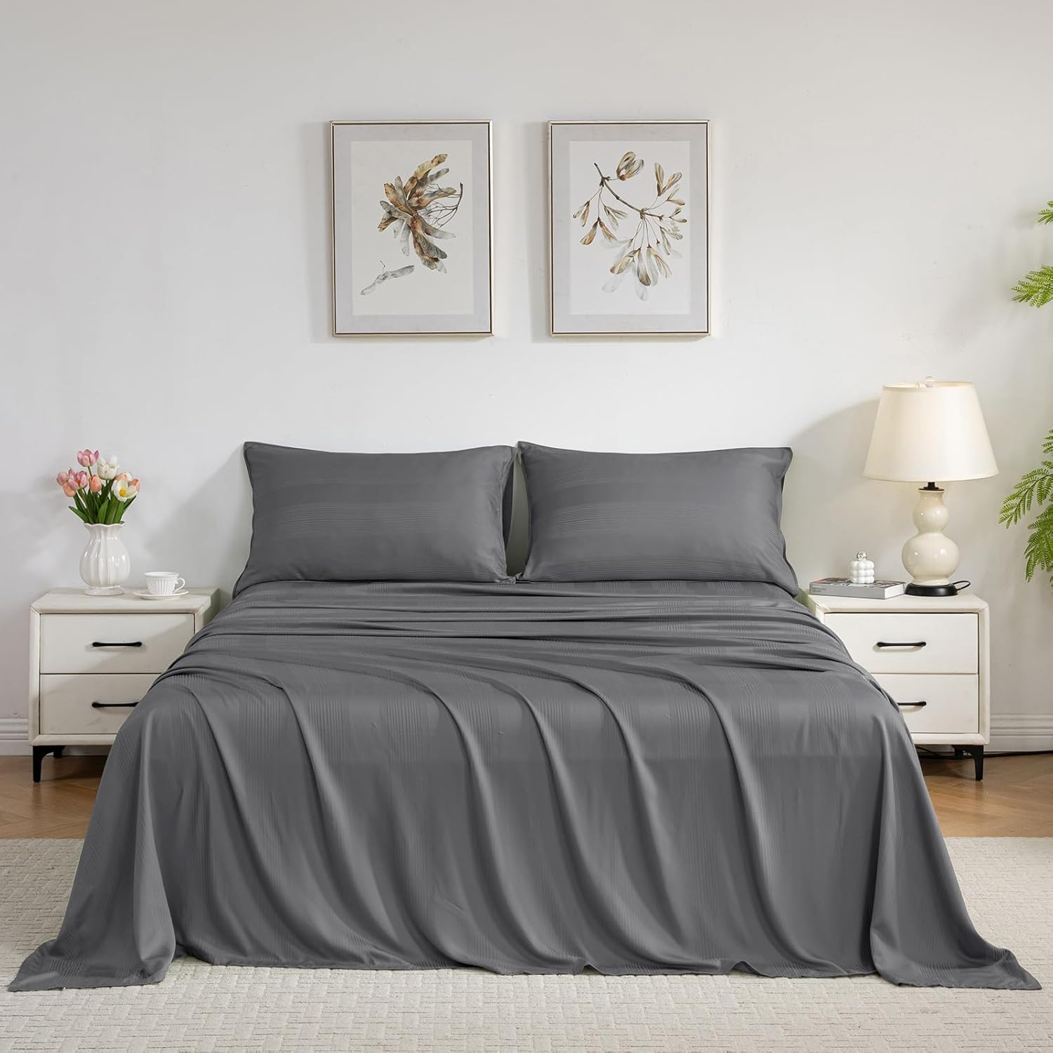 IKIFLY King Size Sheet Set, Striped Jacquard Ultra Soft Cooling Sheets, 16" Deep Pocket, Breathable & Wrinkle Resistance, 4 Piece Hotel Luxury Silky Bed Sheets & Pillowcases, Grey