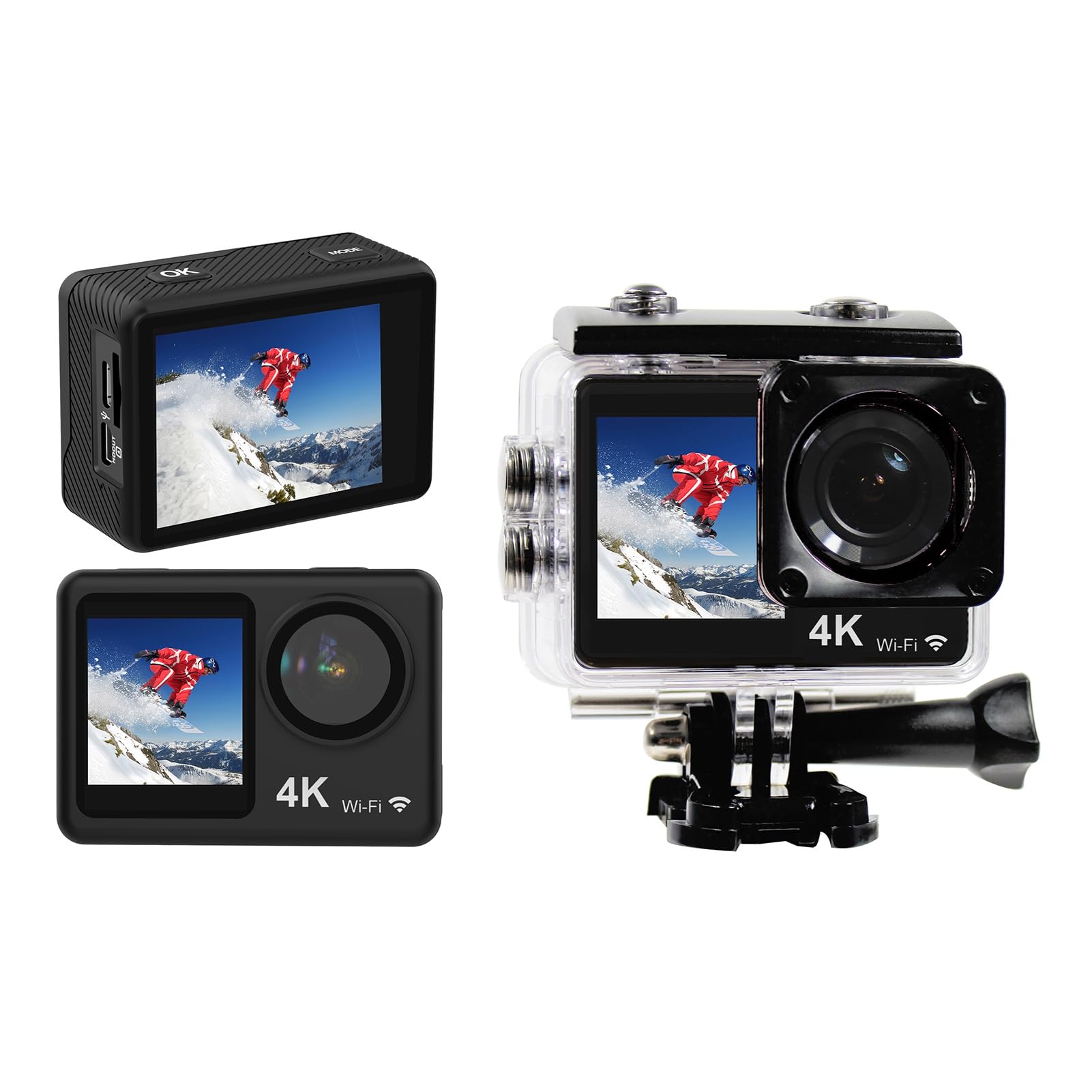 Action Camera 4K 24MP Telecamera Sportiva con Doppio Schermo WiFi Obiettivo Grandangolare 170° Kit di Accessori di Montaggio Impermeabile 30M per Immersioni, Surf, Sci e Ciclismo