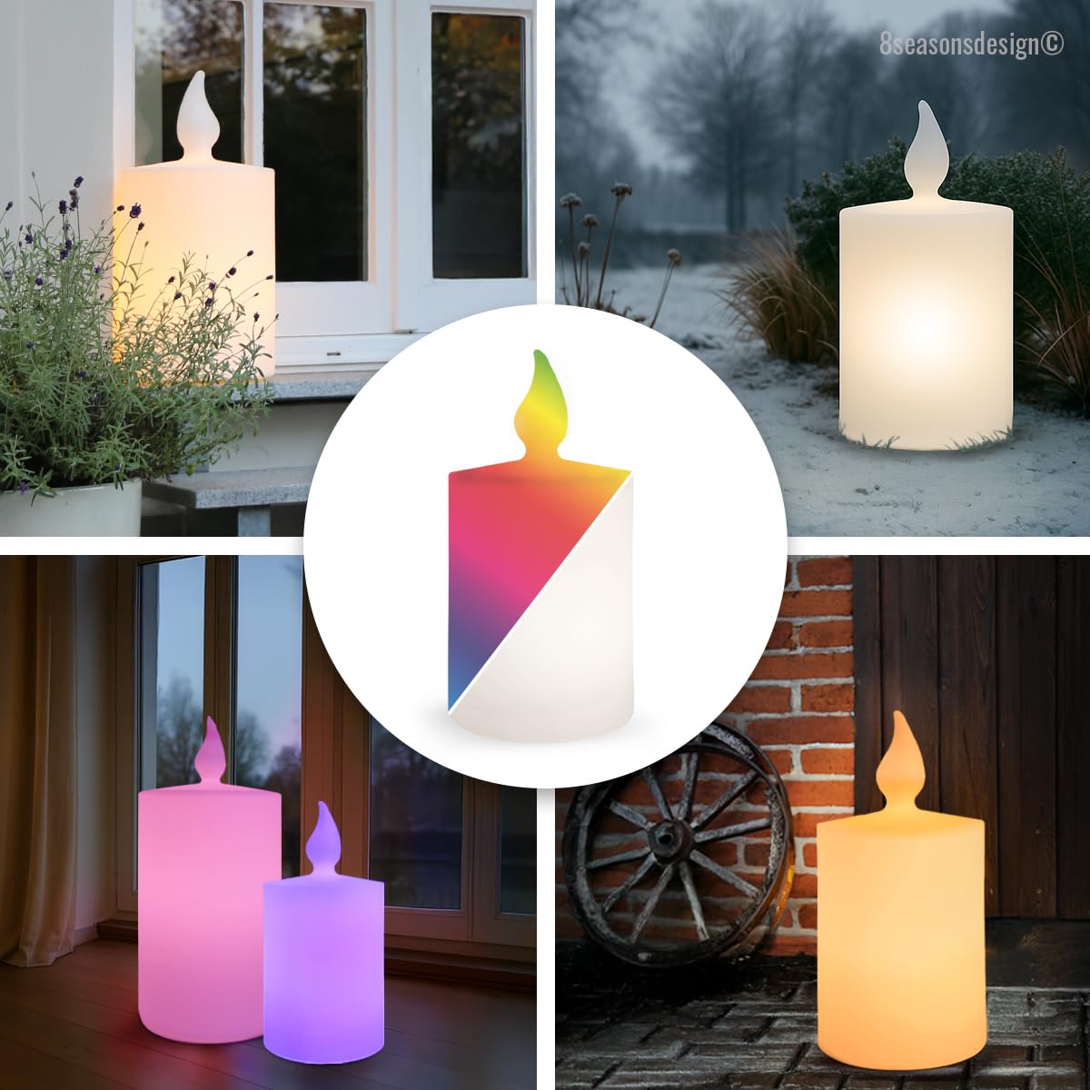 8 seasons design Dekoleuchte Kerze Shining Candle 60 cm (Weiß), E27-Fassung, RGB LED Farbwechsel, dimmbar, mit Fernbedienung - wetterfest – für außen & innen (Weihnachtsbeleuchtung, Dekolicht)