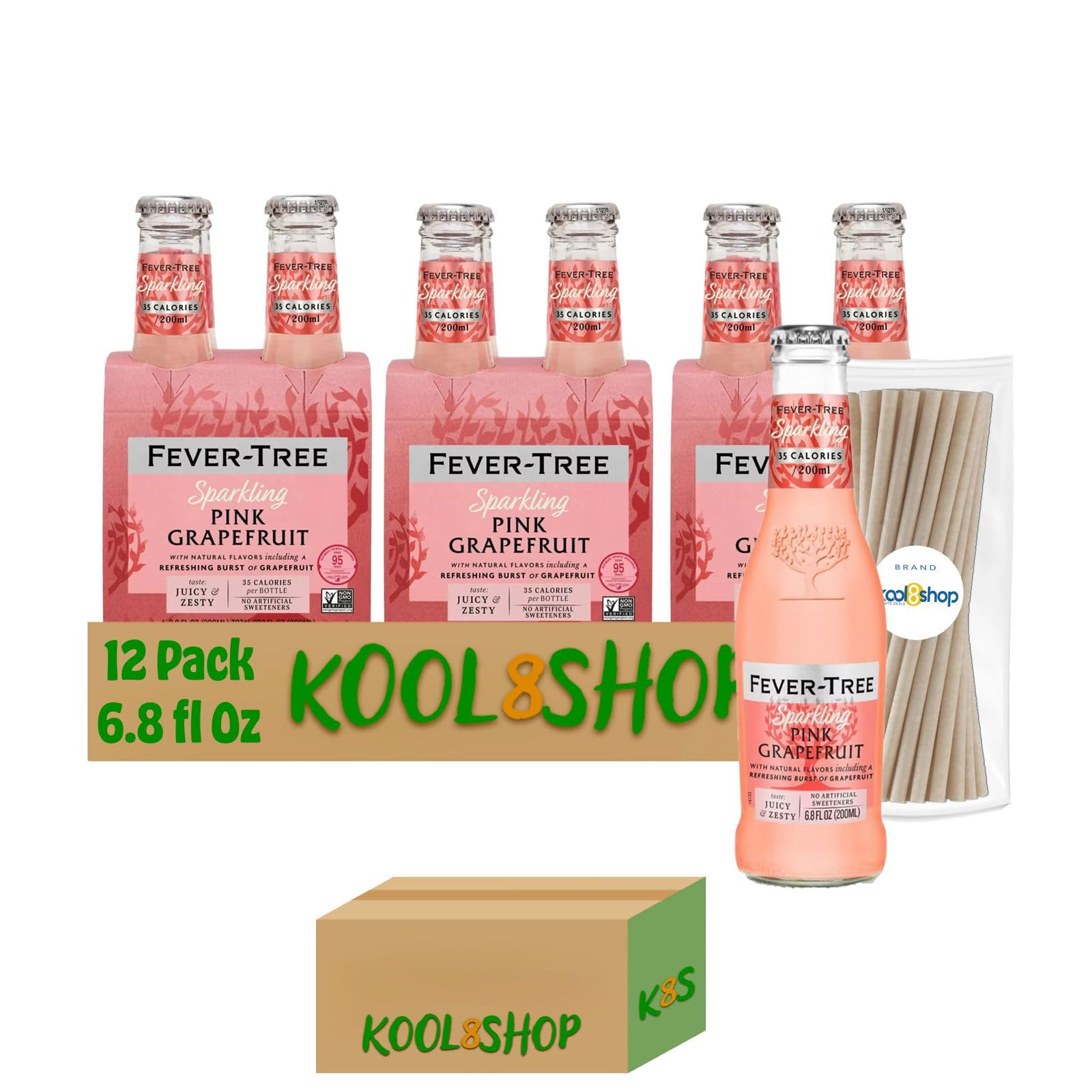 Fever Tree Pink Grapefruit Premium Mixer, 12 Pack of 6.8 fl oz Glass Bottles + 20 Pack Food Grade Bamboo Fiber Straws by KOOL8SHOP