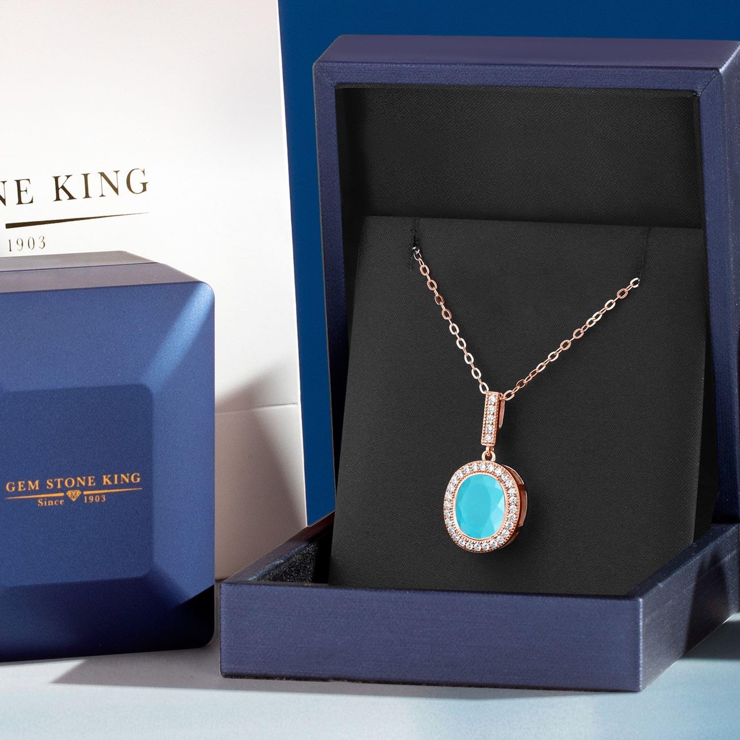 Gem Stone King 18K Rose Gold Plated Silver Oval Gemstone Birthstone Halo Necklace For Women | Oval 12X10MM | Halo Pendant Necklace for Women | with 18 Inch Chain - Image 5