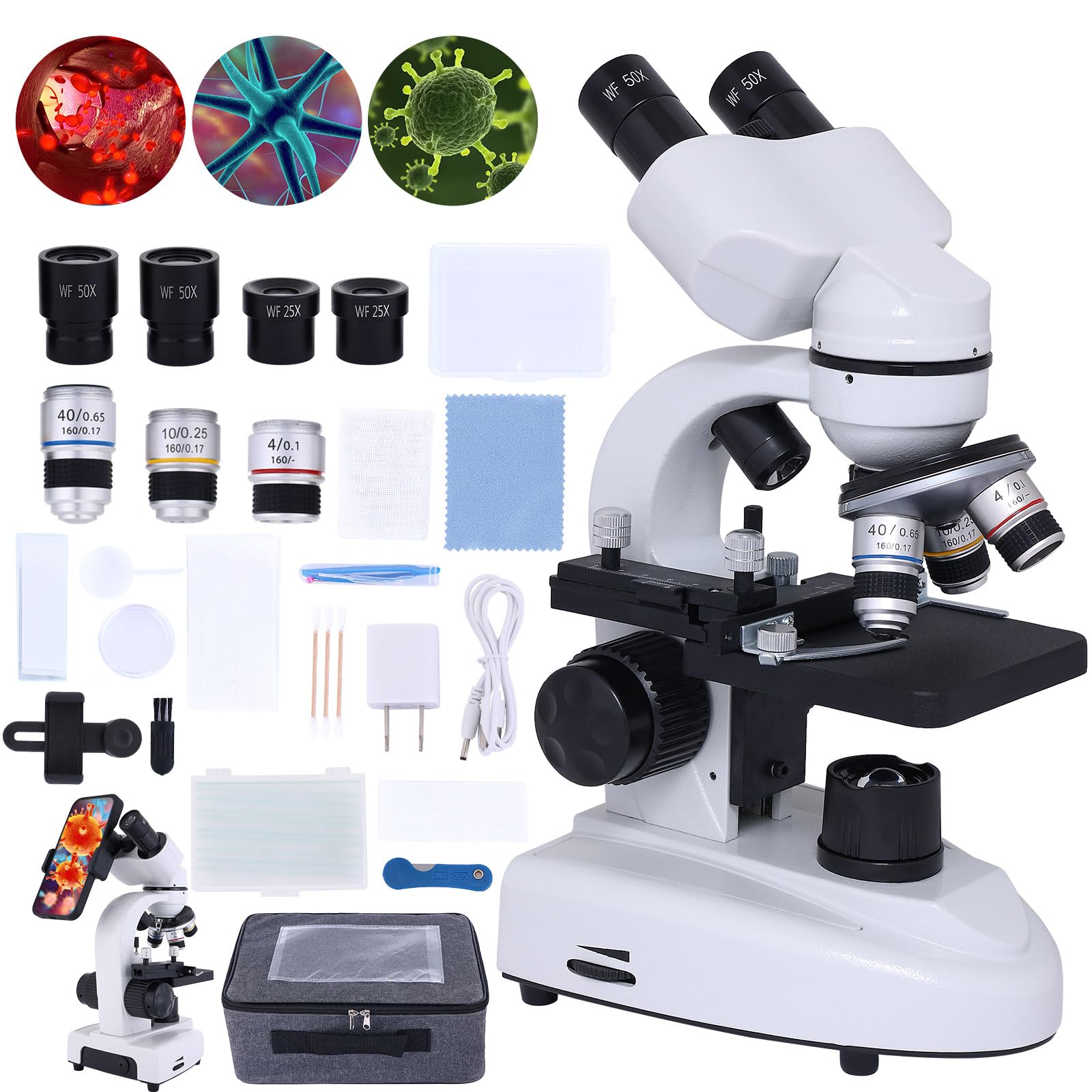Poothoh Compound Binocular Microscope 40-2000X Double Mechanical Carrier Microscope, Double LED Lighting, Cell Phone Adapter, Adult Microscope, Suitable for School Laboratory Home Education…