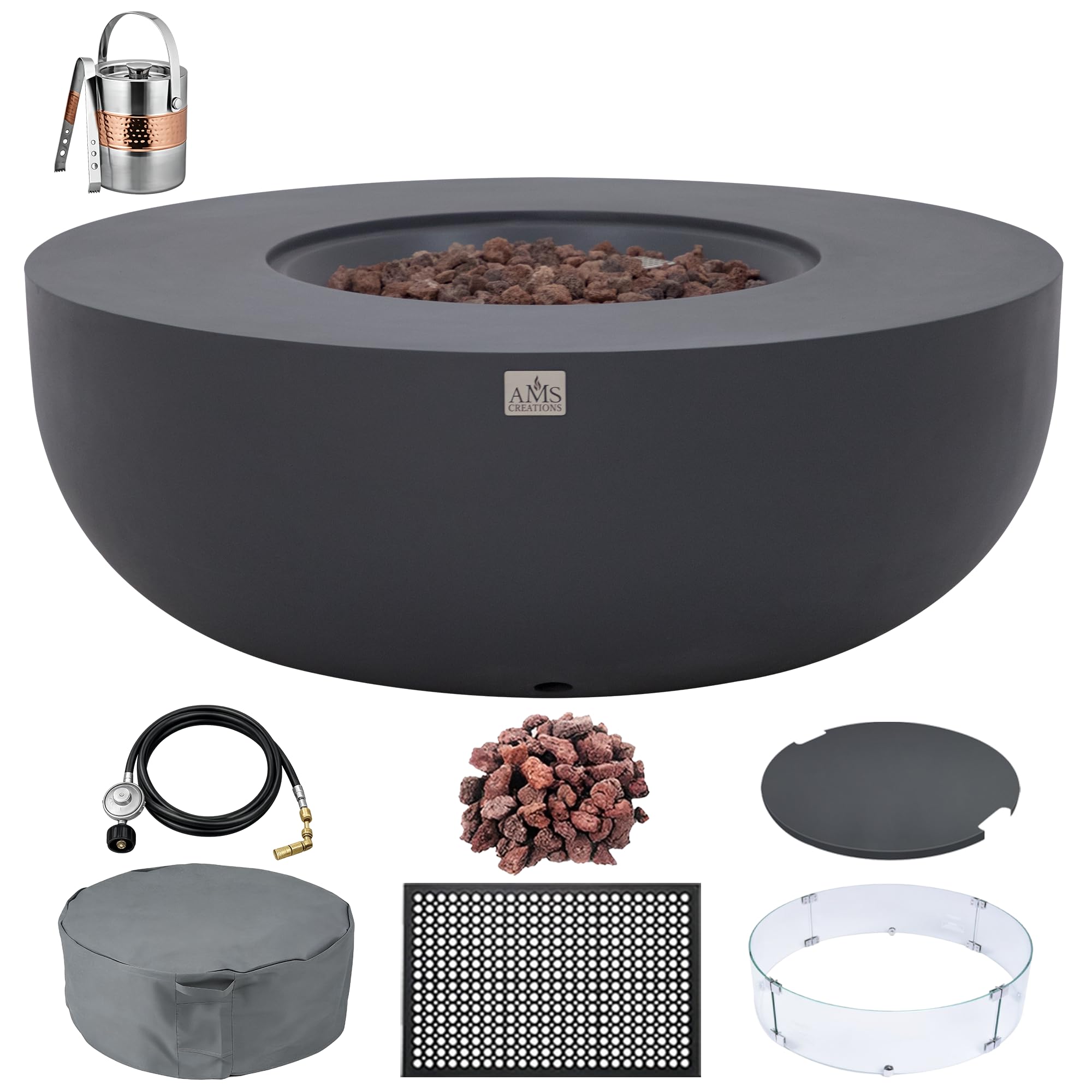 AMS 44" Round Concrete Natural Gas Fire Pit Bowl Table (Dark Gray, Bundle)