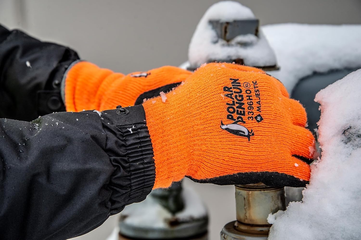 Majestic Polar Penguin Winter Lined Napped Terry Glove with Foam Latex Dipped Palm | 1 Dozen - XL | ANSI A2, Heavyweight Glove, Hiviz Orange/Black | for Automotive, Industrial, Manufacturing | 3396HO