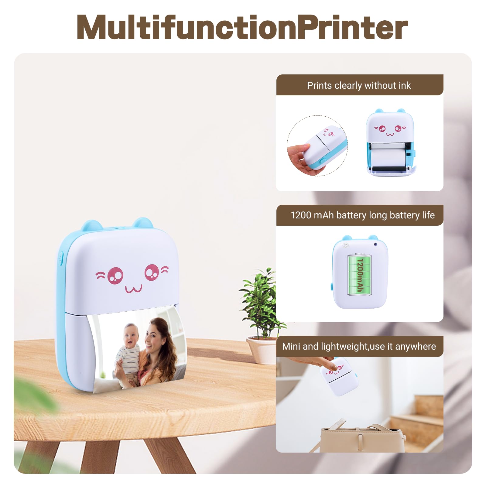 Mini Stampante Fotografica,Mini stampante tascabile,Portatile Termica con 13 Rotoli di Carta Termica,immagine per foto, stampa di ricevute,per Android IOS