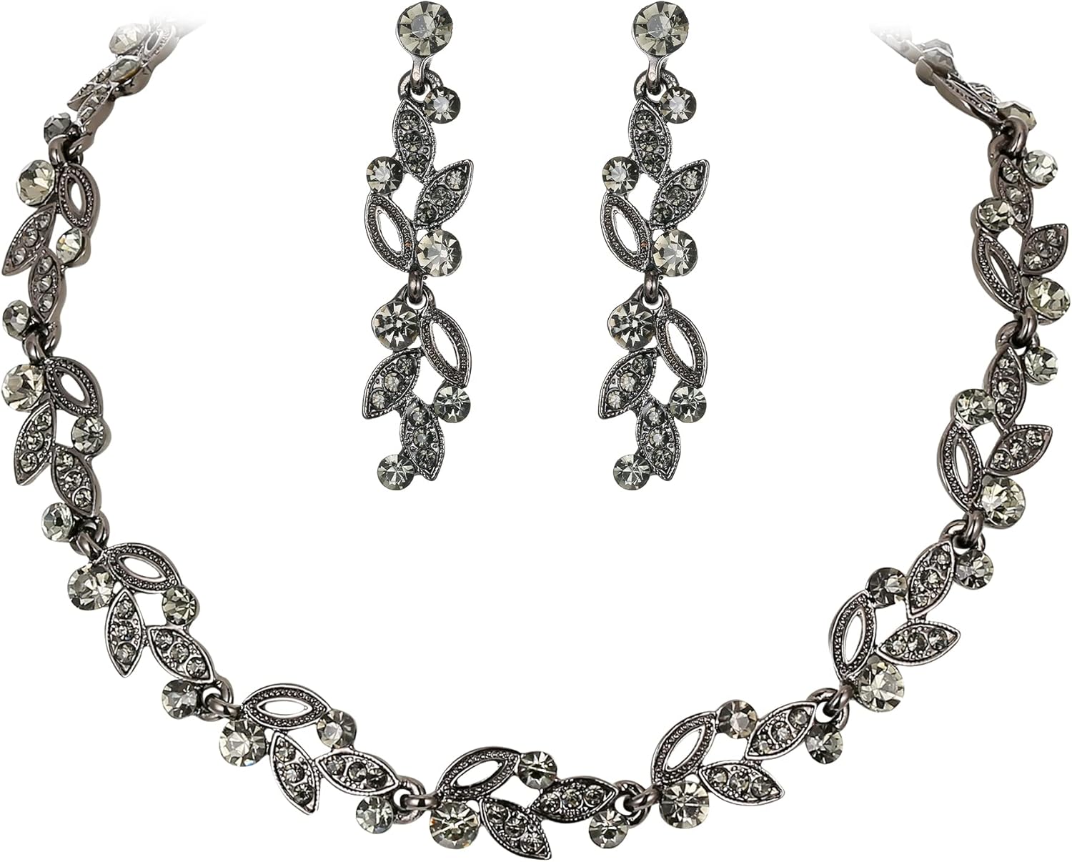 EVER FAITH Wedding Jewelry Set Art Deco Hollowed-Out Marquise Crystal Leaf Cluster Necklace Dangle Earrings Sets