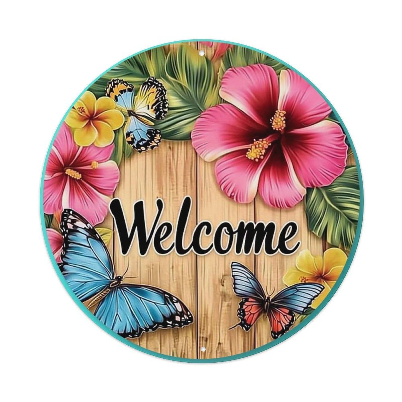 Floral Butterflies Wood Welcome Pattern Round Metal Tin Sign Vintage Wall Decor, Bar Garage Cafe Kitchen Home Wall Art Poster 8x8inches