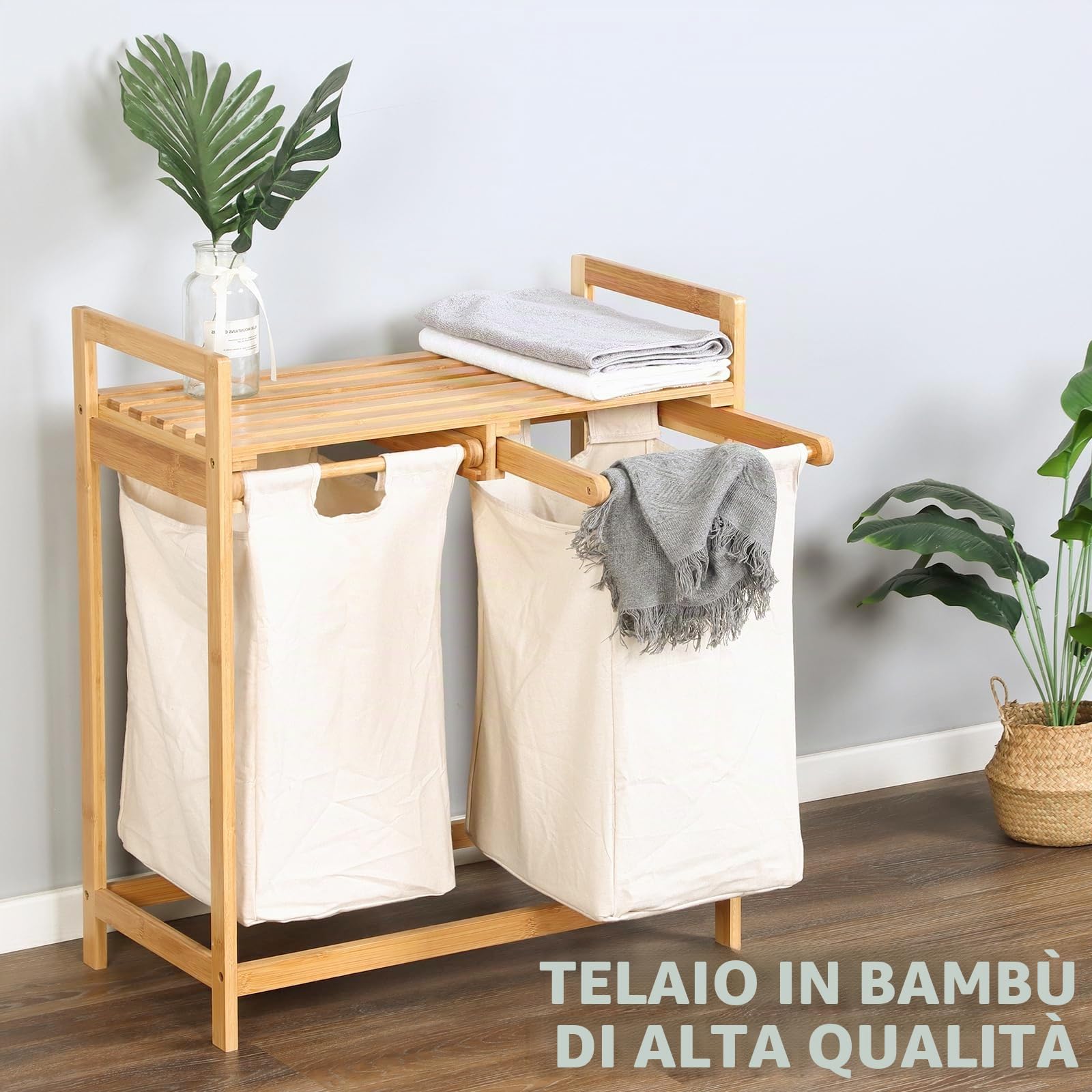 Floordirekt Cesto portabiancheria in bambù, con 2 scomparti, cesto portabiancheria per biancheria sporca, in legno con grande scatola per la biancheria (Dakota) (64 x 33 x 73 cm)