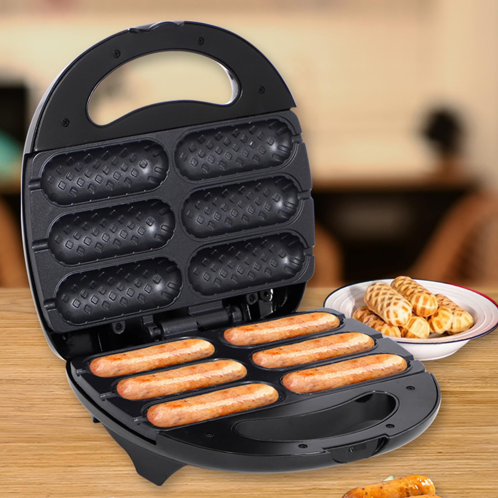 Qcwwy Corn Dog Maker, Mini Hotdog Waffeleisen, 750 W, für 6 Mini Corn Dogs, for Haushalt und Küche (EU-Stecker 220V)