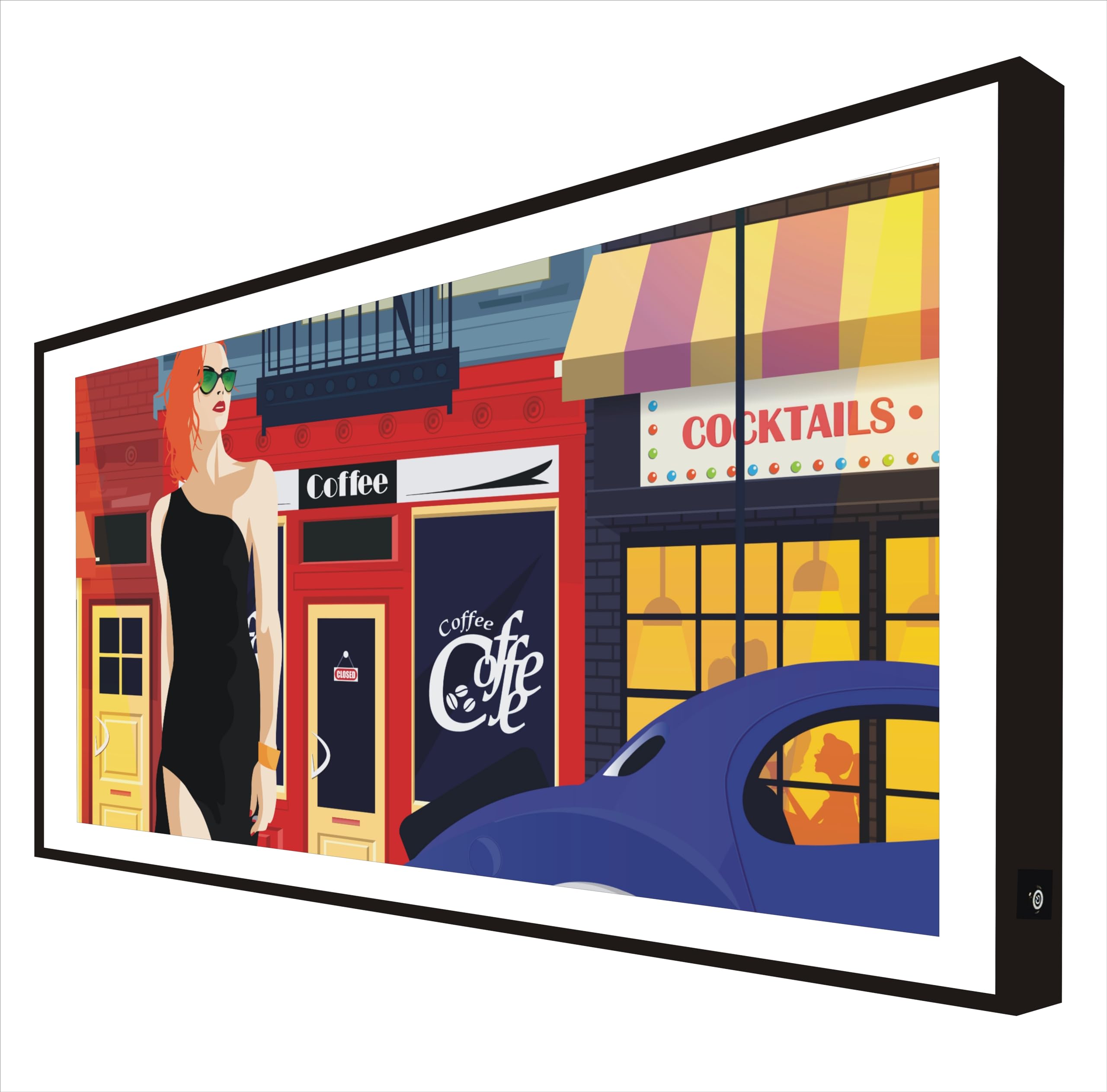 Tableau Pop Art Coffee Shops avec cadre en bois laqué noir et lumière LED intégrée