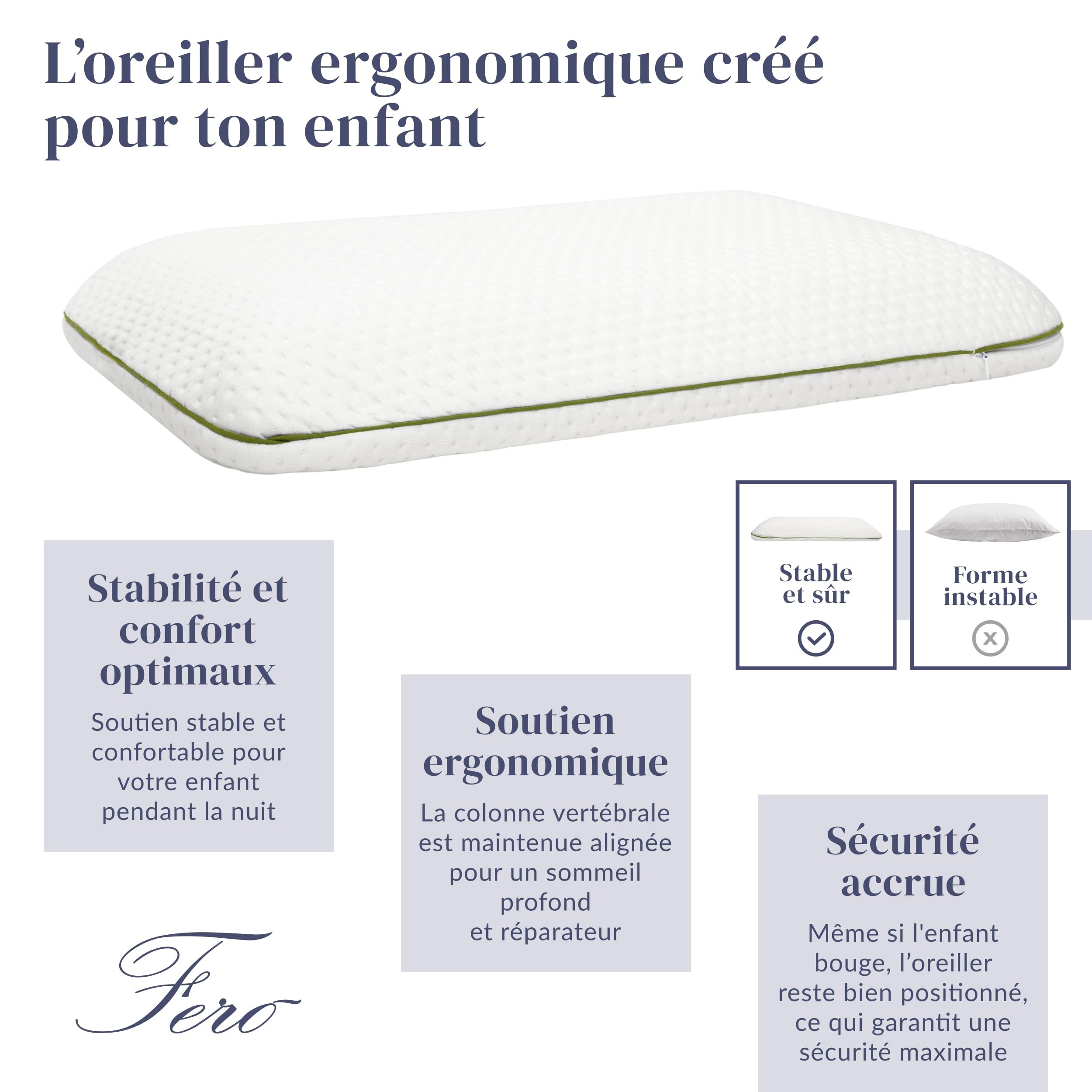 Ferò Oreiller Enfant 60x40x6 en TENCEL Hypoallergénique – Pour Enfants de Plus de 2 Ans - Confort et Sécurité pour Sommeil Tranquille – Mousse à Mémoire de Forme Naturelle Douce et Respirante OEKO-TEX