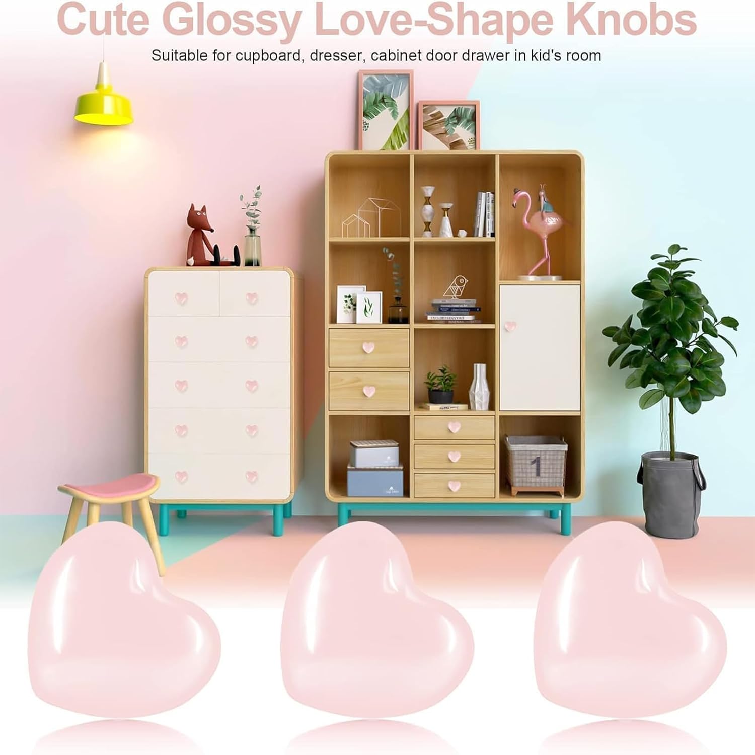 4X Cute Dresser Knobs Ceramic Cabinet Knobs Pink Drawer Knobs Heart Love-Shape Door Pull Knob Cabinet Closet Ceramic Drawer Cupboard Kitchen Kids Girls Children Bedroom Wardrobe (Pale Pink)