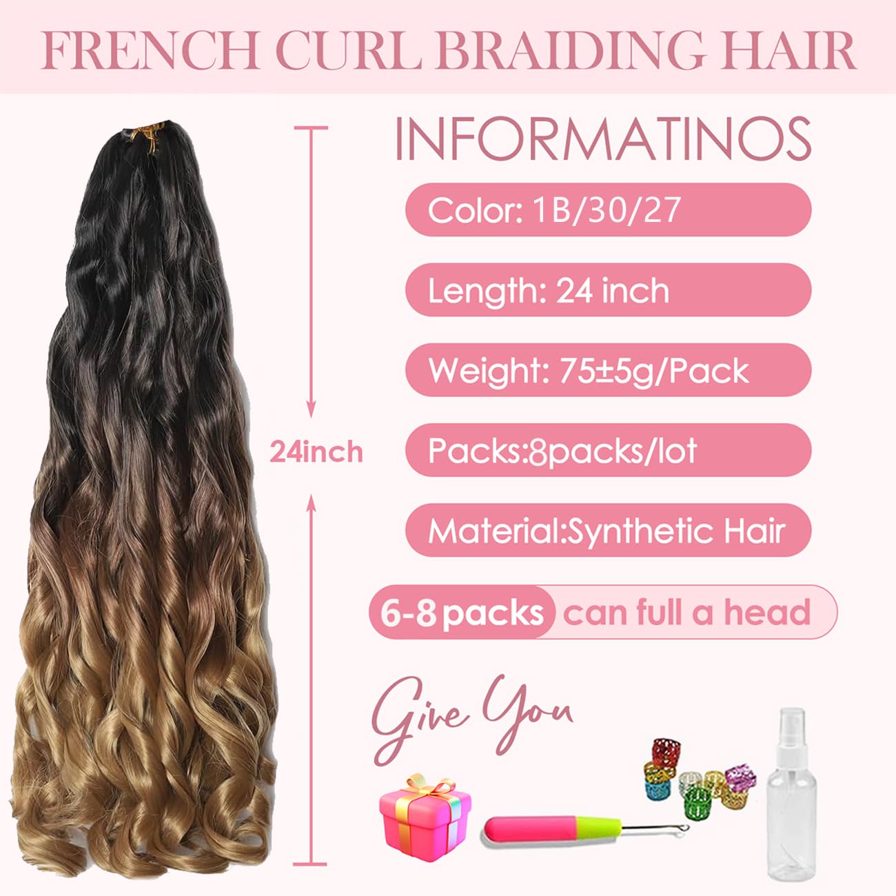 French Curl Braiding Hair 24 Inch 8 Packs Pre Stretched Loose Wave Bouncy Braiding Hair Spanish Curly Ends Synthetic Hair Extensions for Braiding(1B/30/27) - Image 2