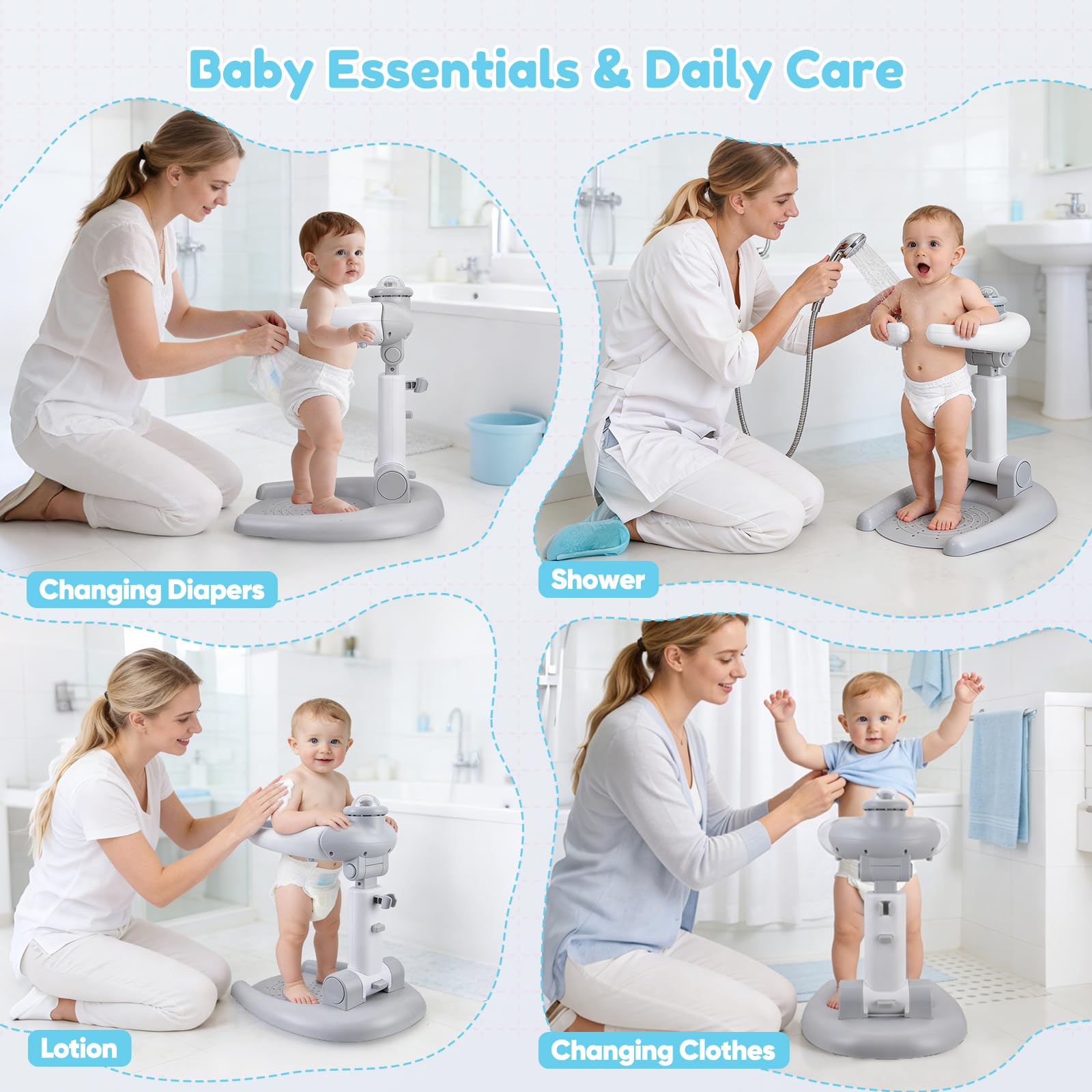 Support de douche réglable pour enfants, support de douche pour bébé, pliable 2 en 1 avec tabouret