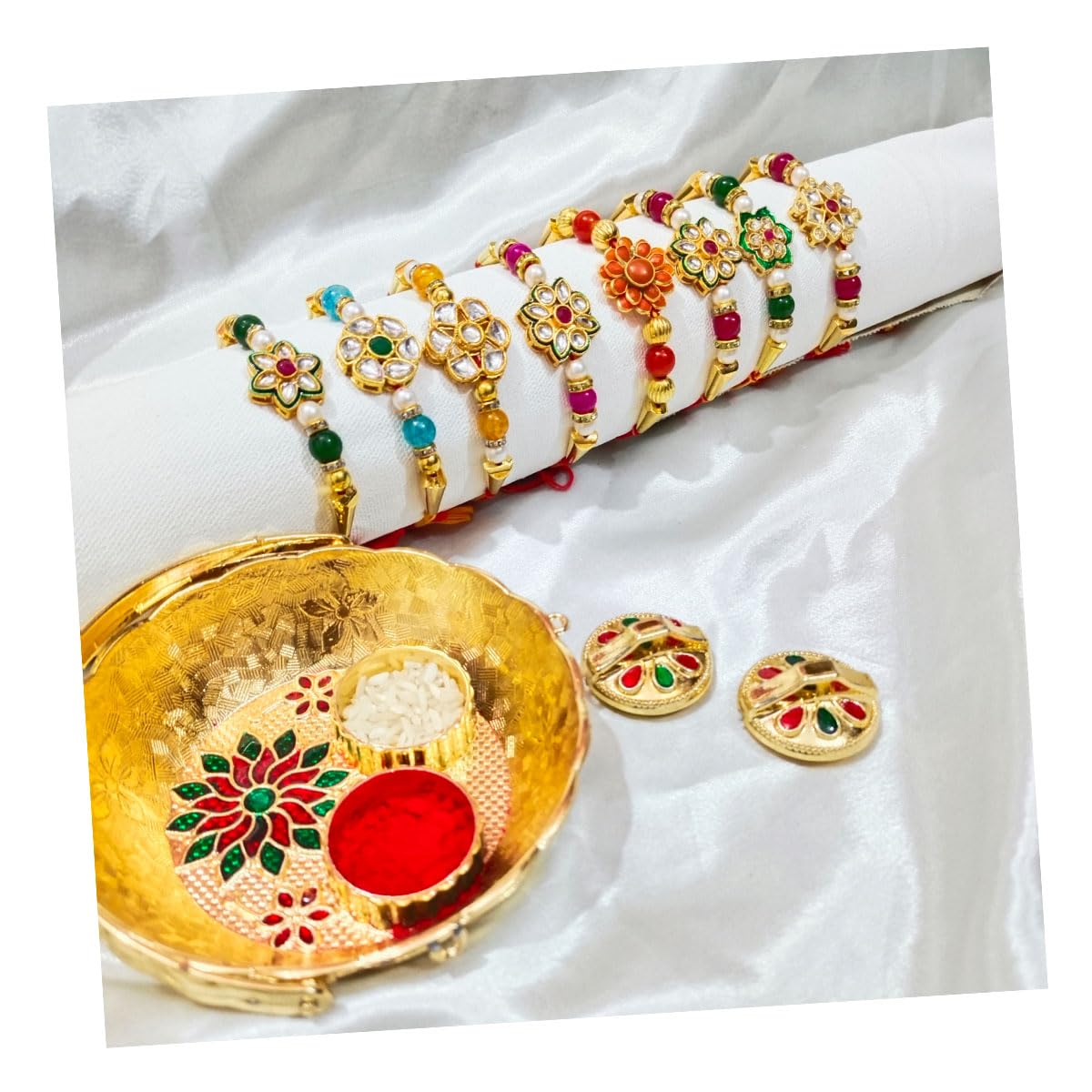 MD Creations Kundan Stone Rakhi for Brother Set of 8 | Designer Rakhi for Elder Bhaiya, Bhai | Raksha Bandhan Rakhi with Roli Chawal | Handmade Rakhi (B0DBRF629T) Amazon Price History, Amazon Price Tracker