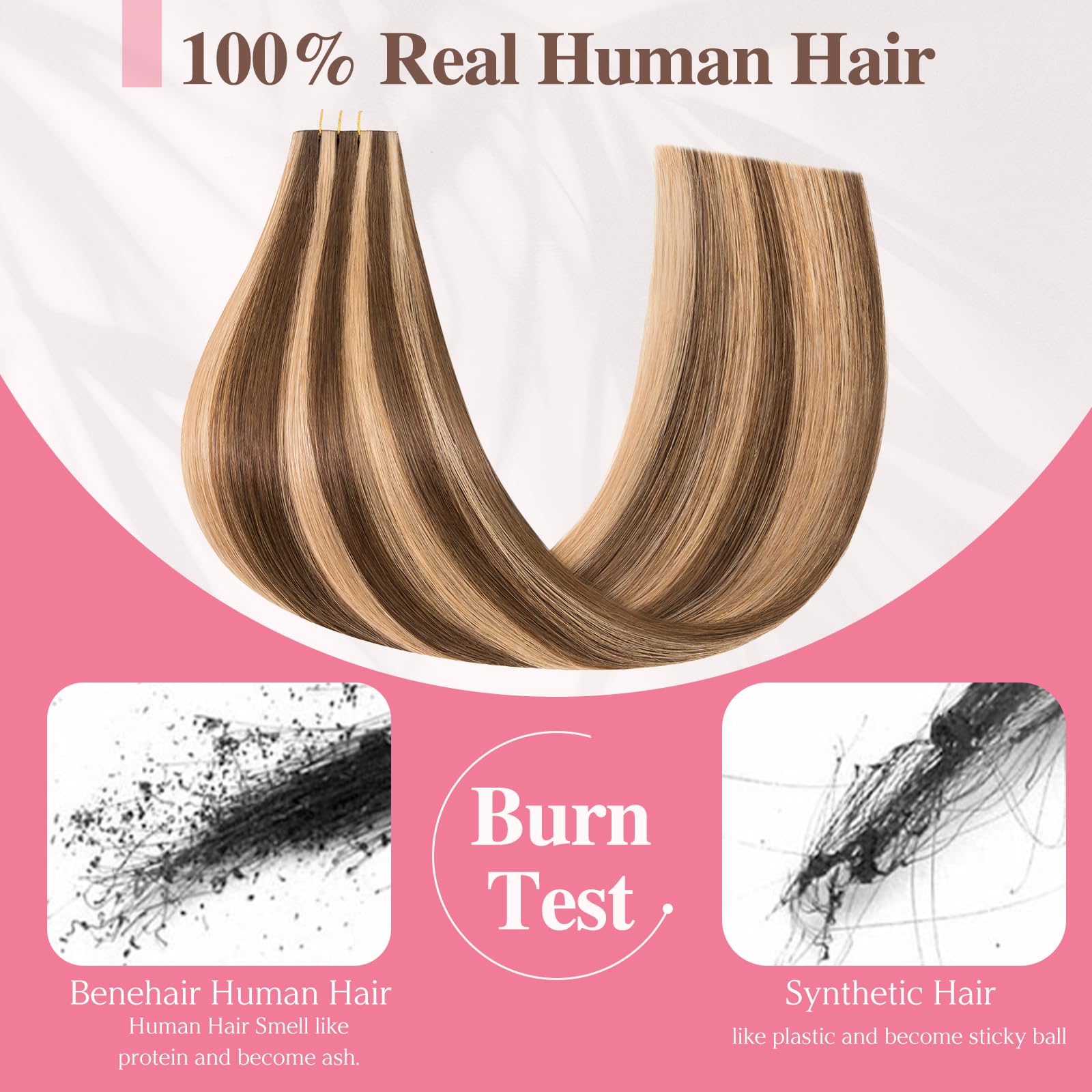 Benehair Tape in Hair Extensions Human Hair Invisible Skin Weft Remy Medium Brown Mix Dark Blonde Seamless Injected Hair Extensions Real Human Straight 10 Pcs 20 Inches (25g) - Image 4